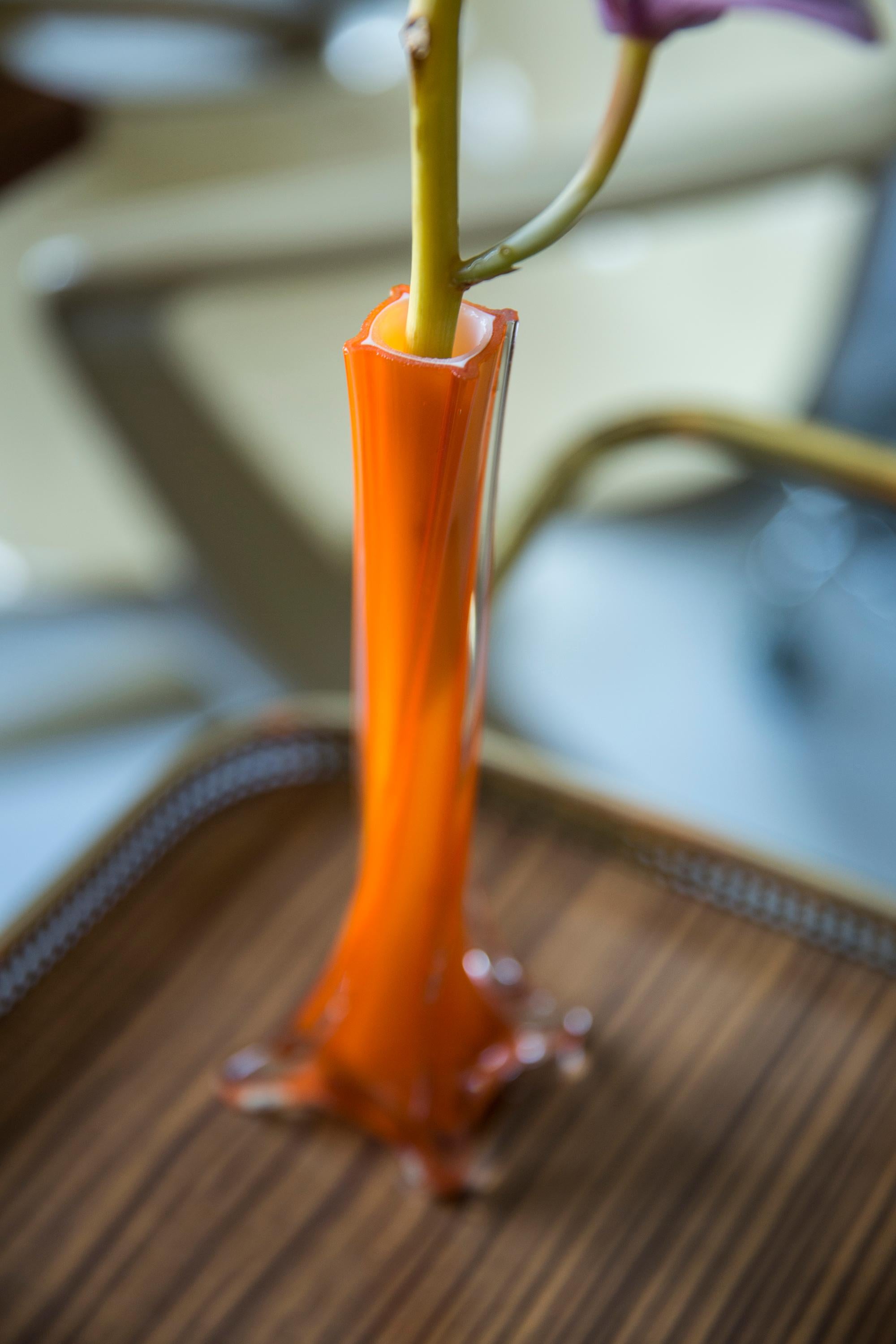 Midcentury Vintage Slim Orange Decorative Glass Vase, Europe, 1960s In Good Condition For Sale In 05-080 Hornowek, PL