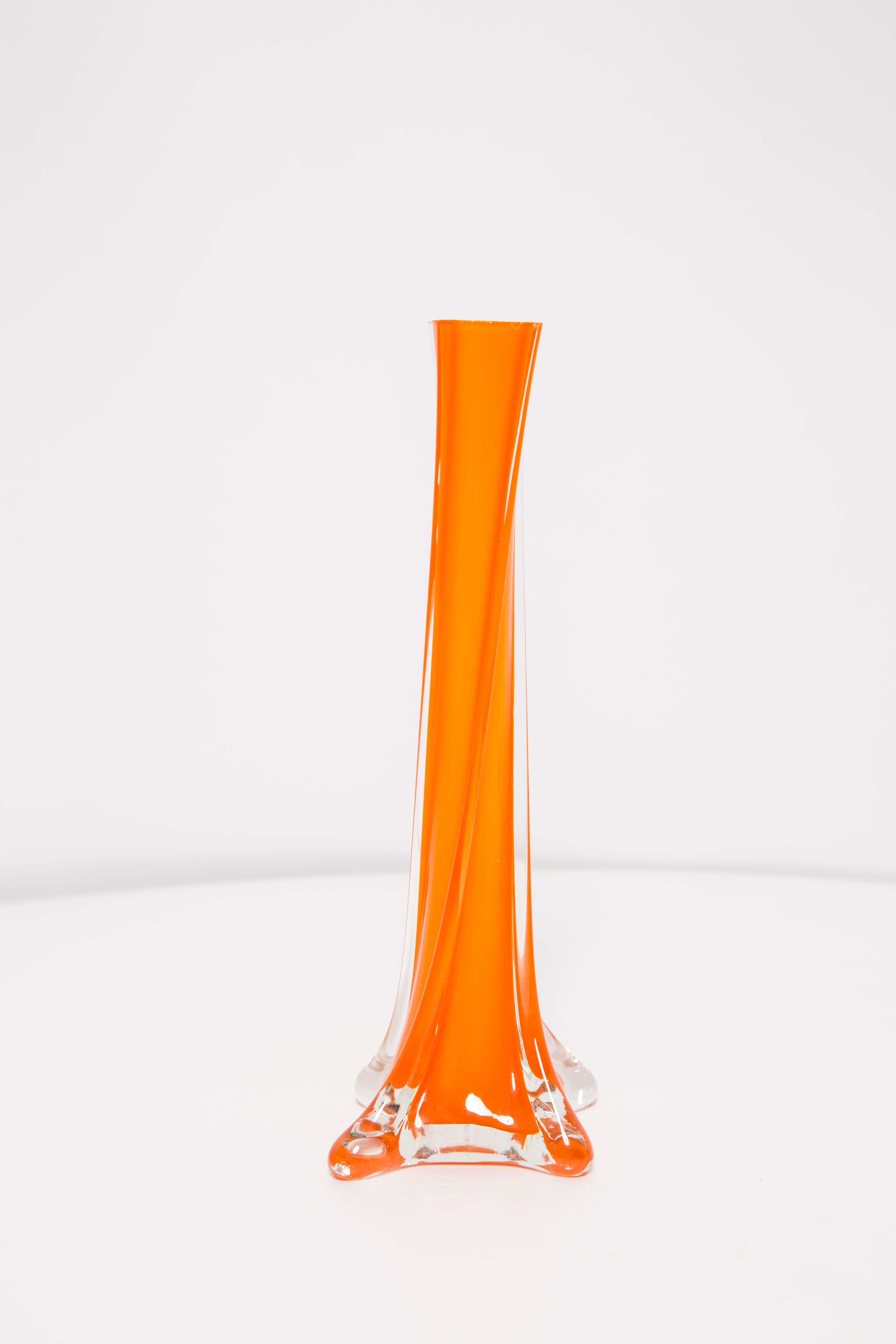 20th Century Midcentury Vintage Slim Orange Decorative Glass Vase, Europe, 1960s For Sale