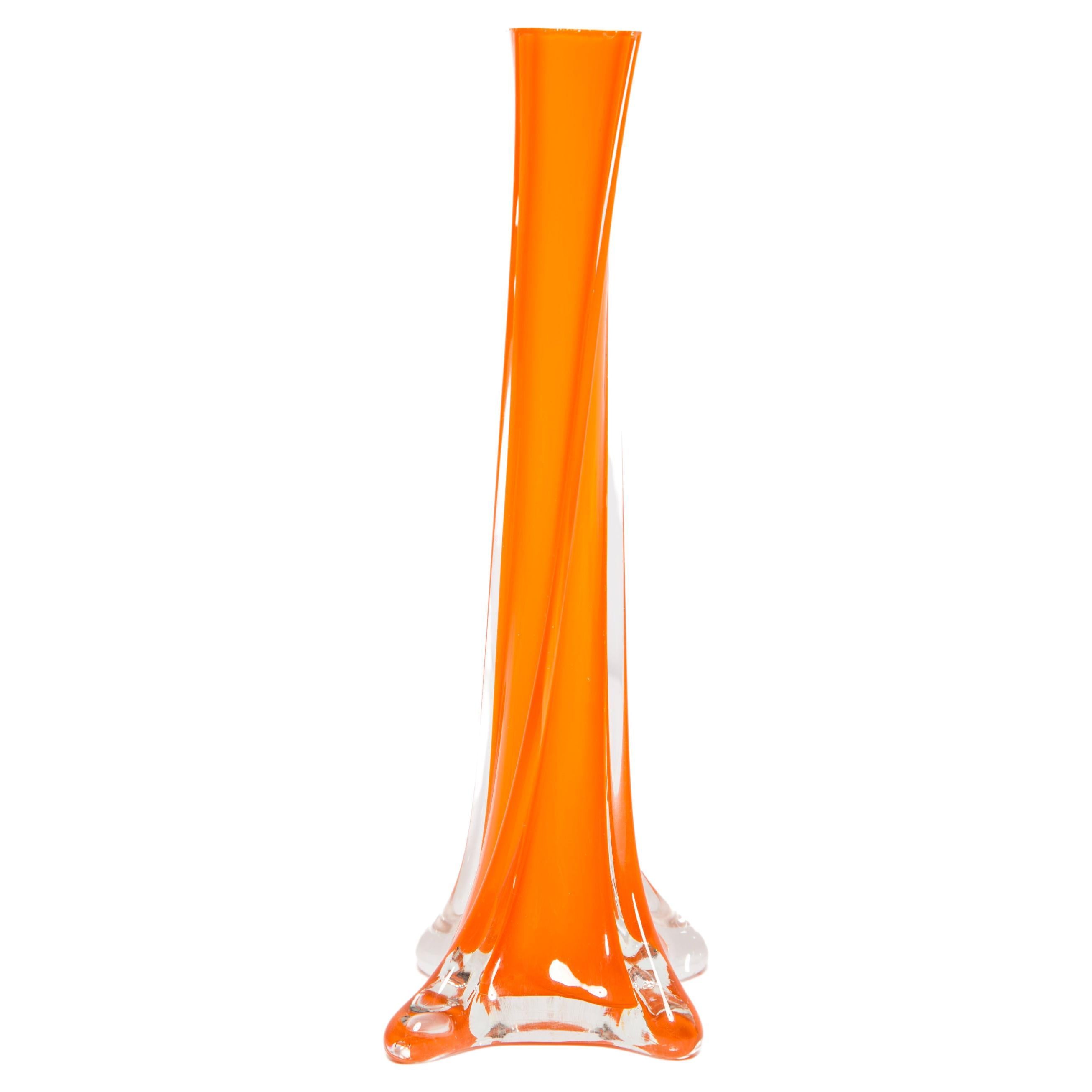 Midcentury Vintage Slim Orange Decorative Glass Vase, Europe, 1960s