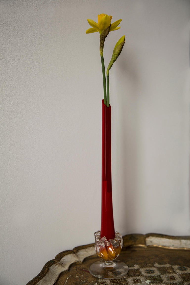Midcentury Vintage Slim Red Decorative Glass Vase, Europe, 1960s For