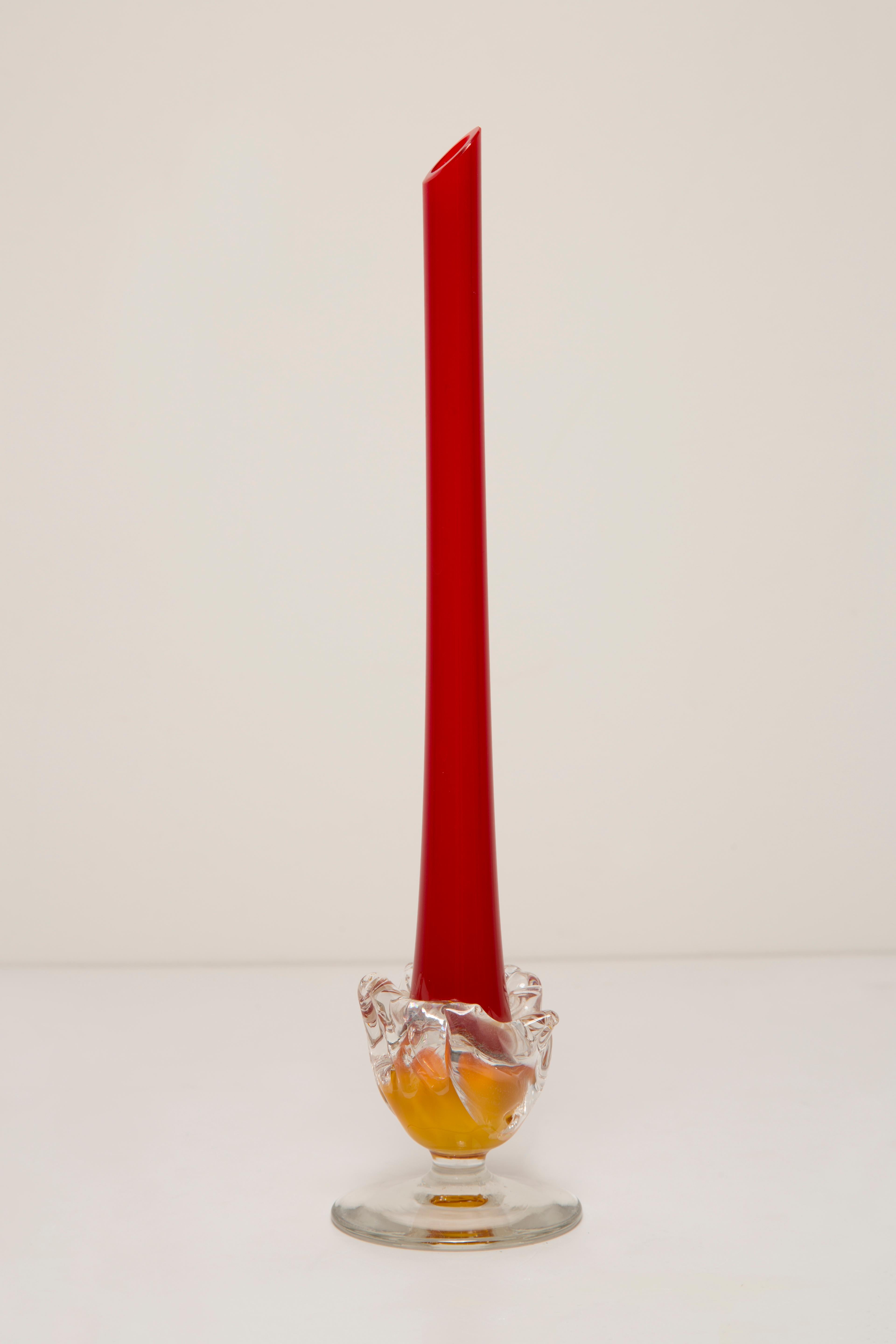 20th Century Midcentury Vintage Slim Red Decorative Glass Vase, Europe, 1960s For Sale