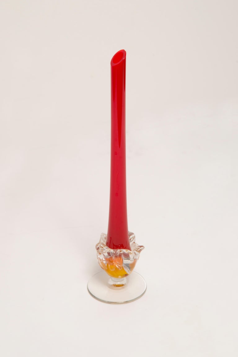 Midcentury Vintage Slim Red Decorative Glass Vase, Europe, 1960s For