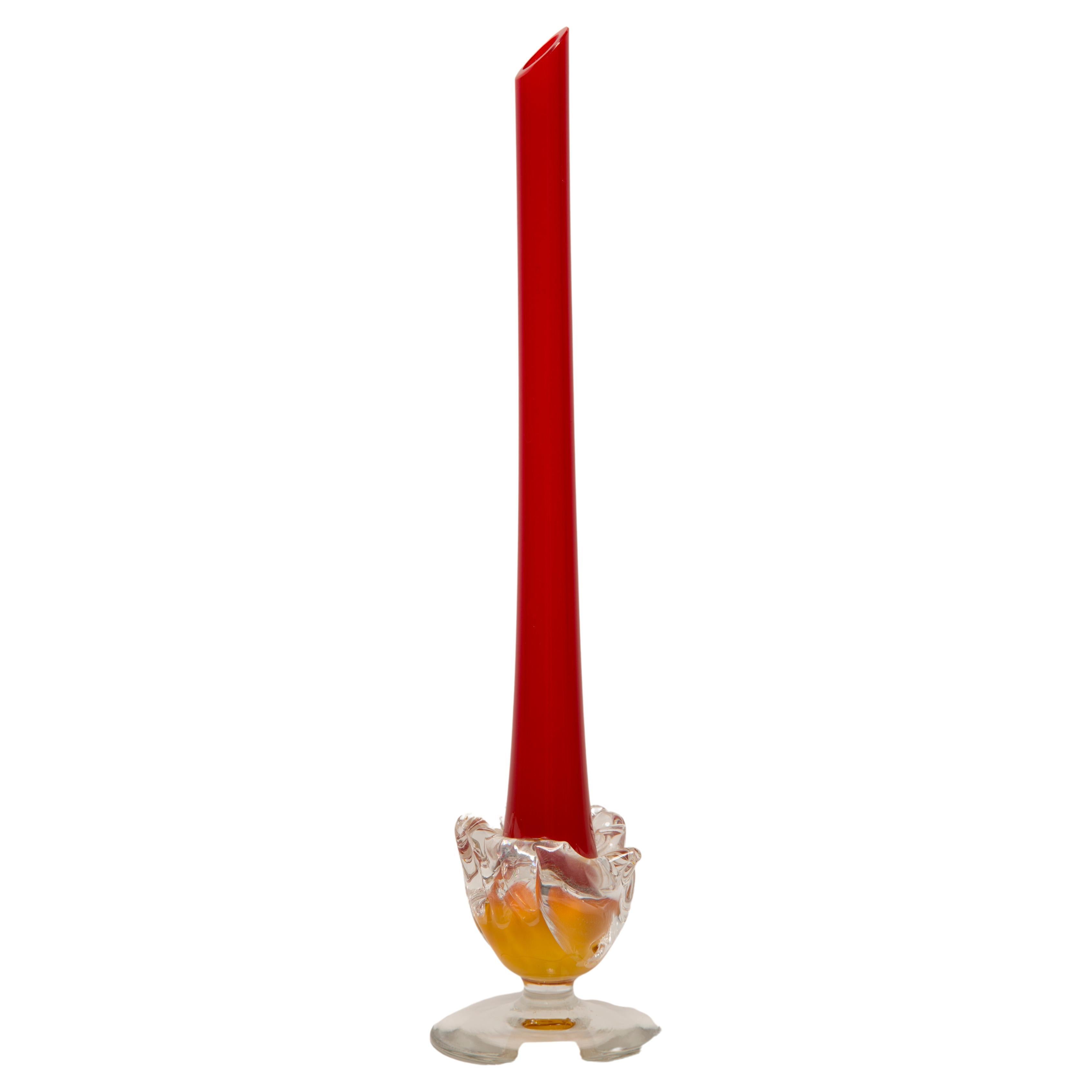 Midcentury Vintage Slim Red Decorative Glass Vase, Europe, 1960s For Sale