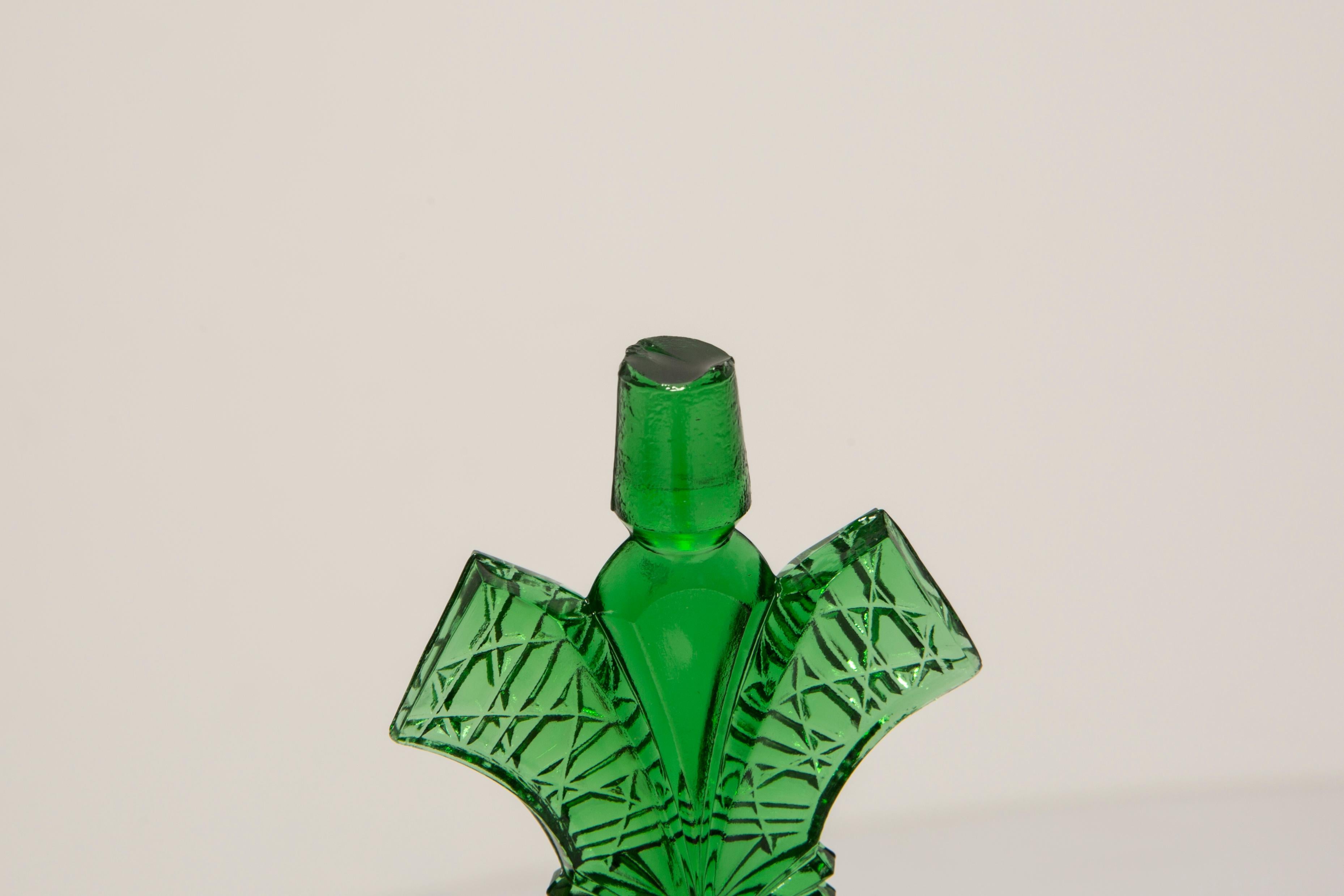 French Mid Century Vintage Small Green Decorative Glass Perfume Bottle, Europe, 1960s For Sale