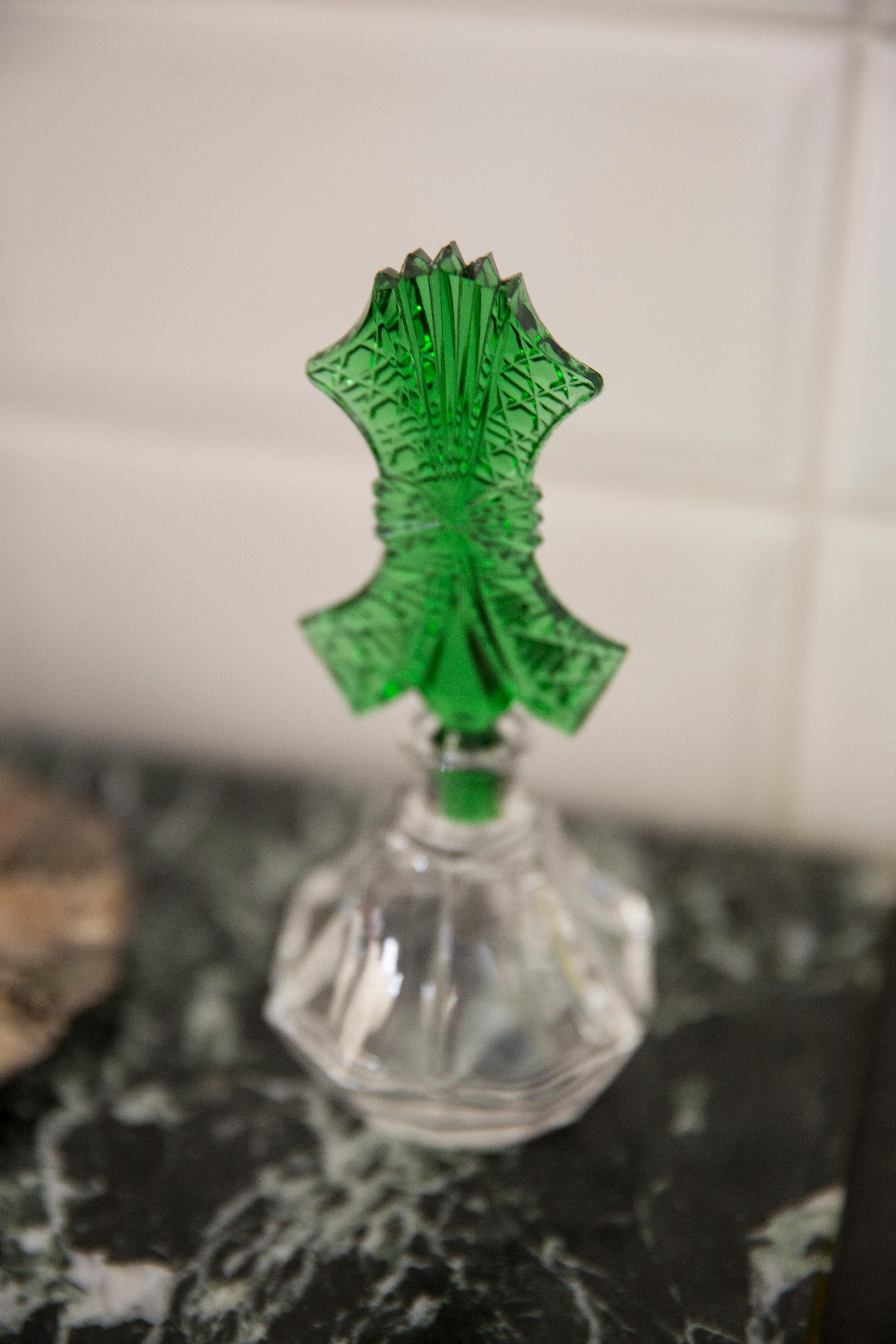 20th Century Mid Century Vintage Small Green Decorative Glass Perfume Bottle, Europe, 1960s For Sale