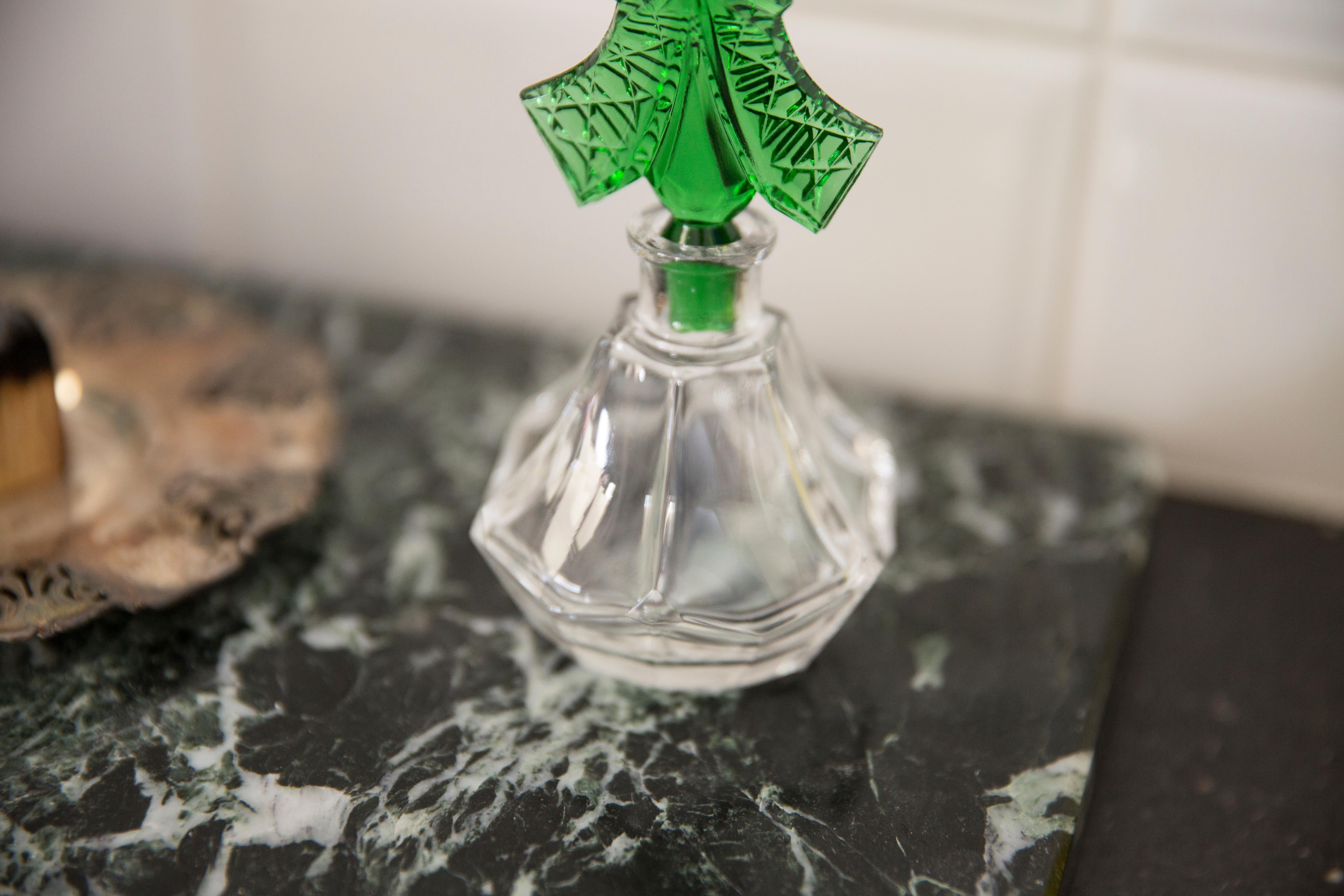 Mid Century Vintage Small Green Decorative Glass Perfume Bottle, Europe, 1960s For Sale 1