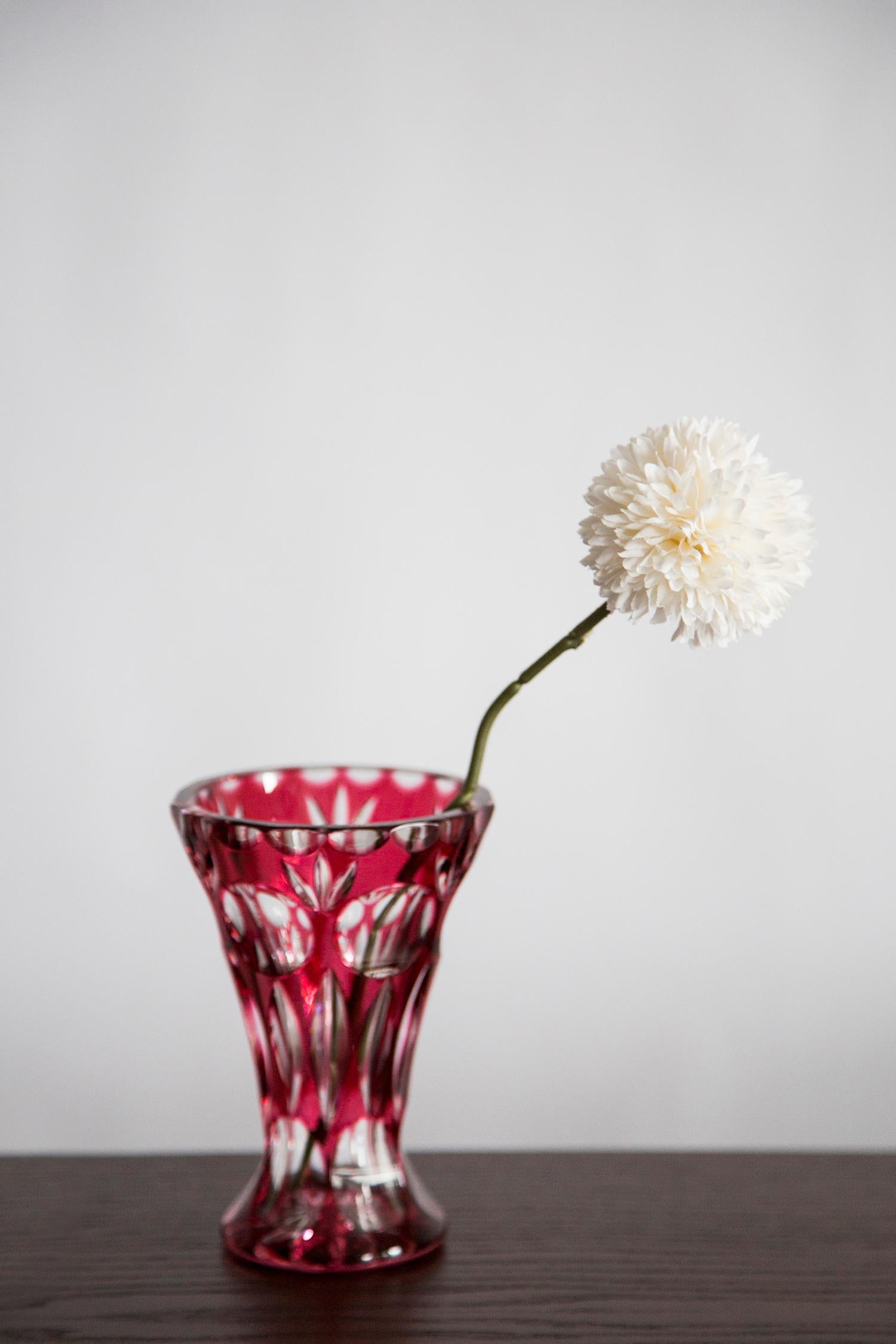 Polish Mid Century Vintage Small Pink Red Crystal Vase, 20th Century, Europe, 1960s For Sale