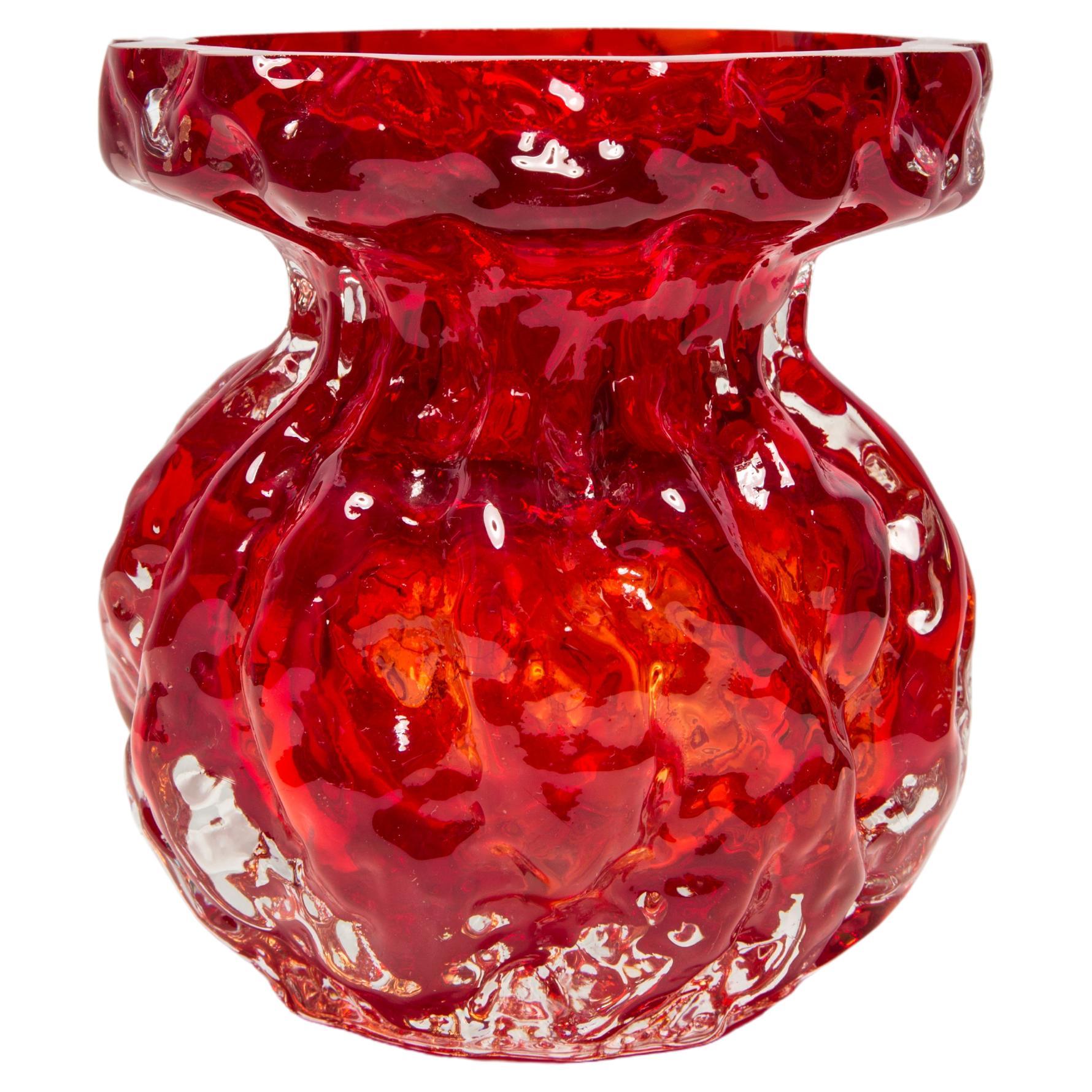 Mid Century Vintage Small Red Ingrid Glass Vase Rock Crystal, Germany, 1970s For Sale