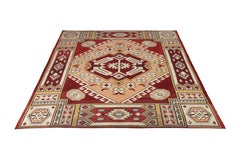 Midcentury Vintage Square Kilim Rug in Red Geometric Pattern by Rug & Kilim