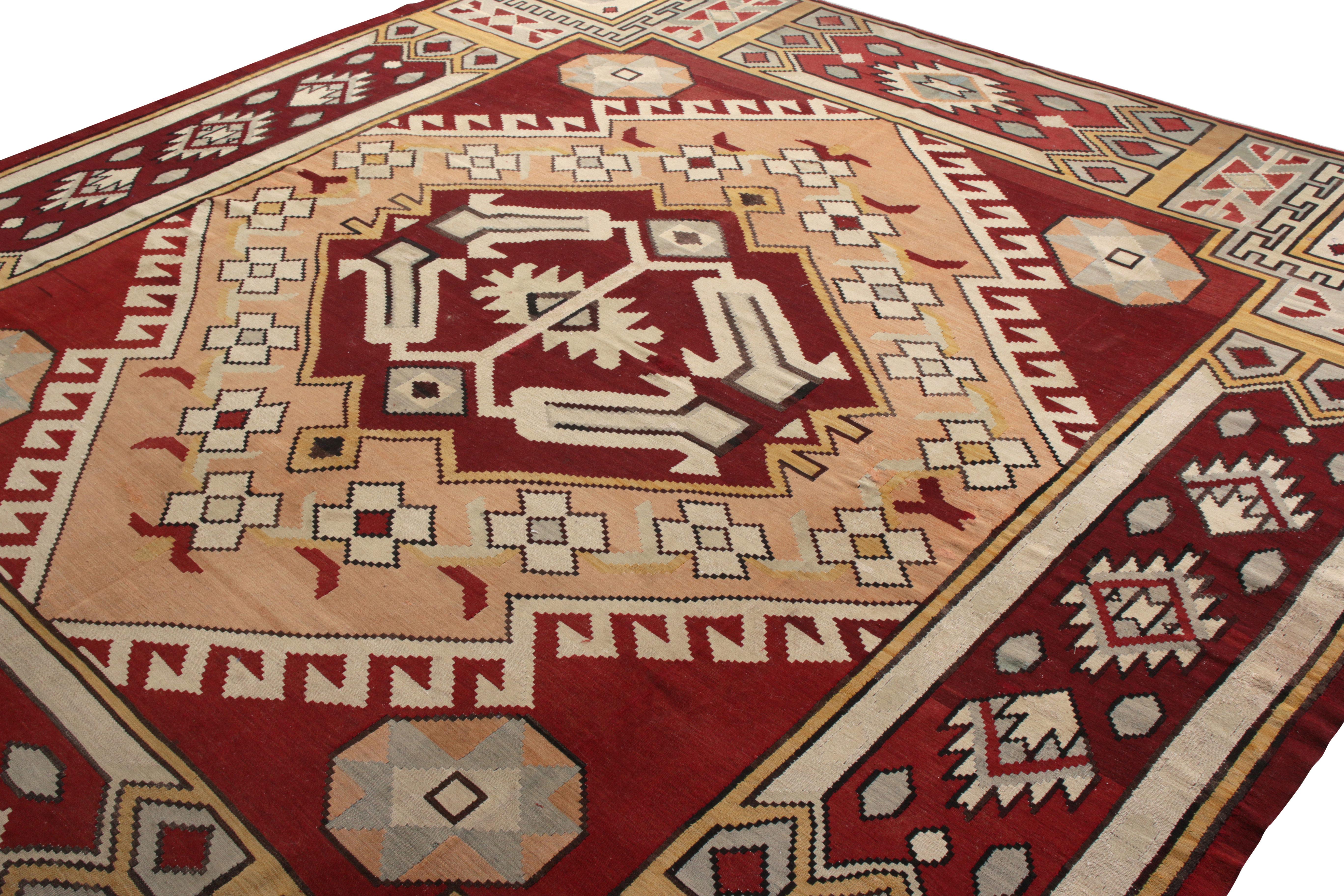 Turkish Midcentury Vintage Square Kilim Rug in Red Geometric Pattern by Rug & Kilim For Sale