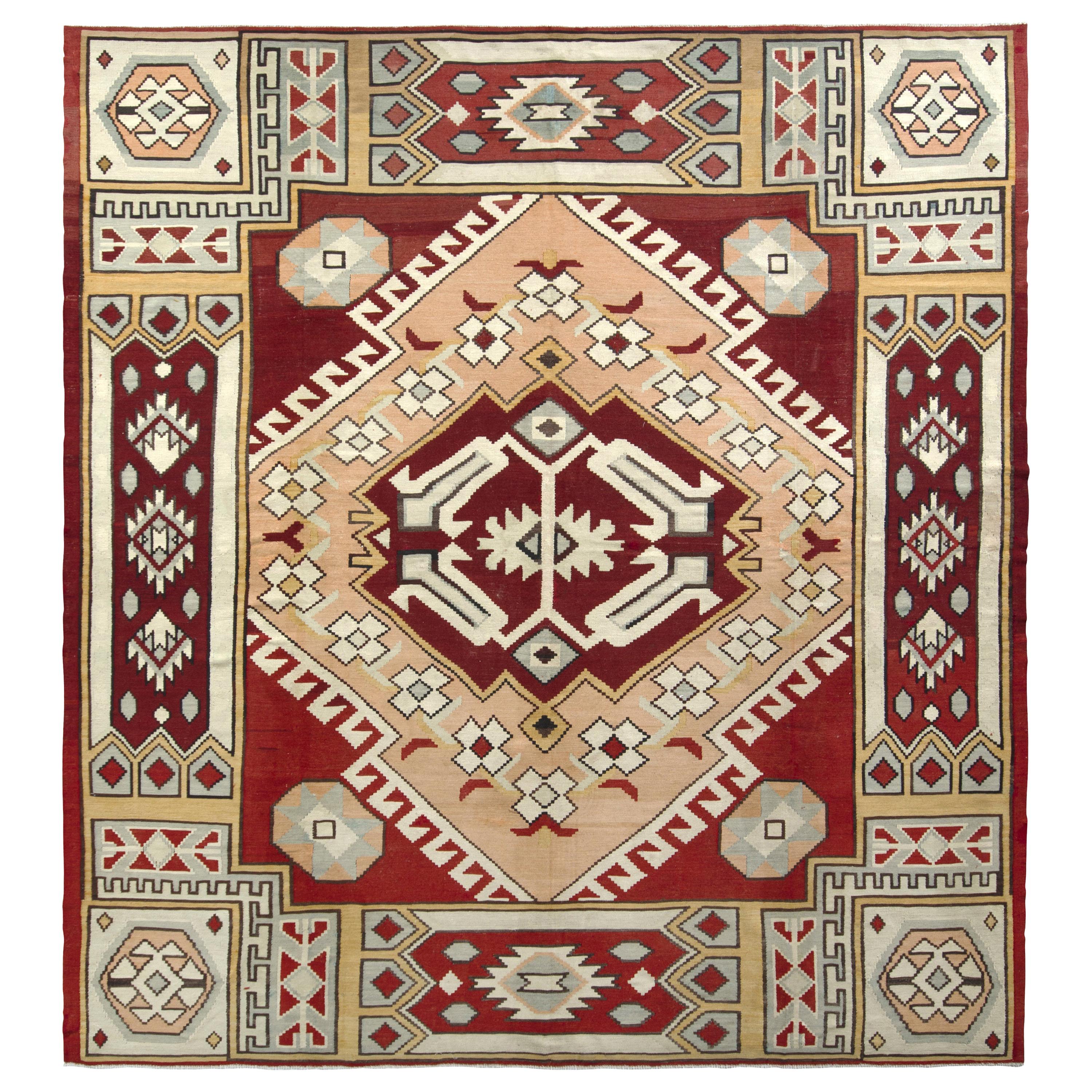 Midcentury Vintage Square Kilim Rug in Red Geometric Pattern by Rug & Kilim For Sale