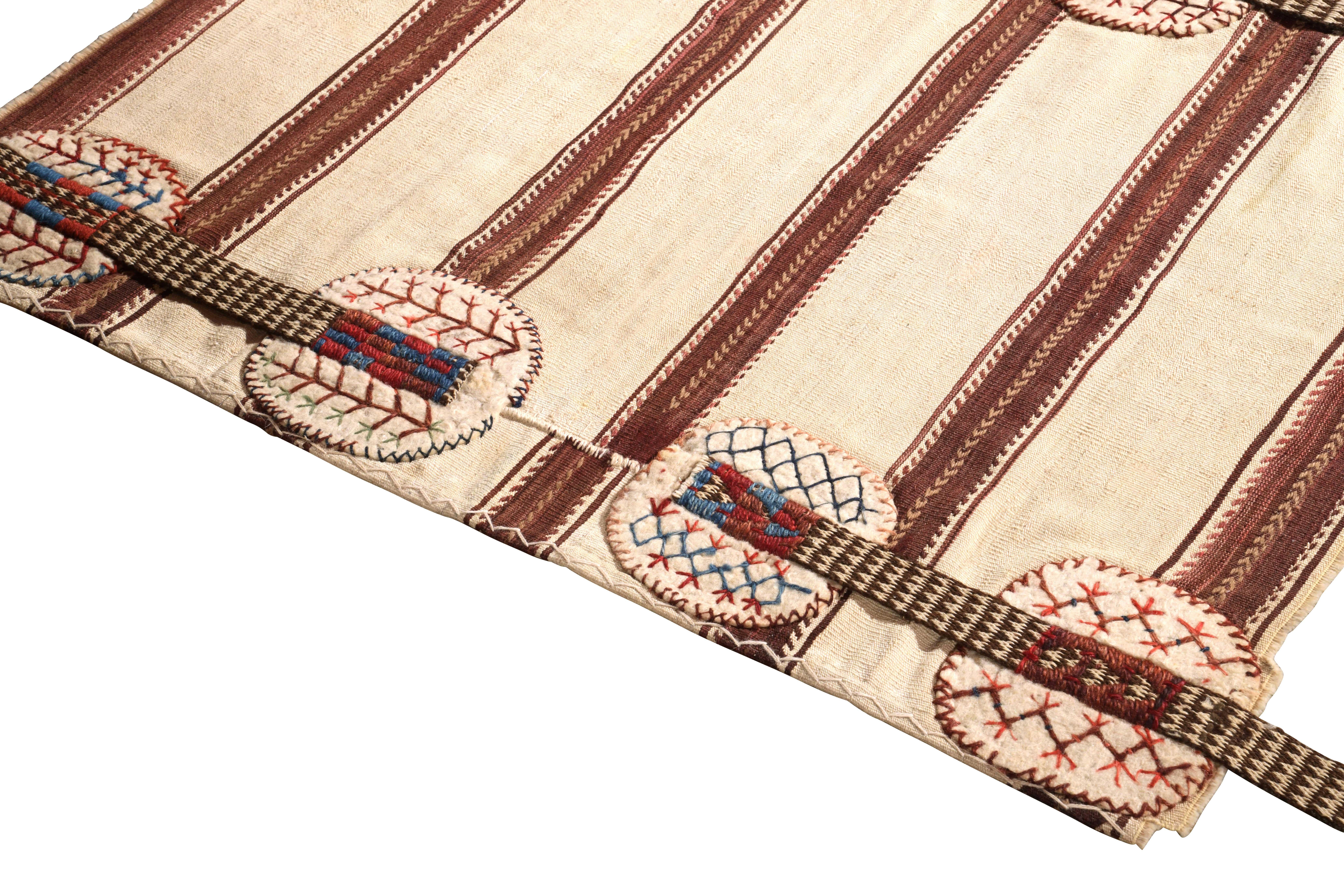 Turkish Midcentury Vintage Striped Kilim Beige Brown Bag Rug by Rug & Kilim For Sale