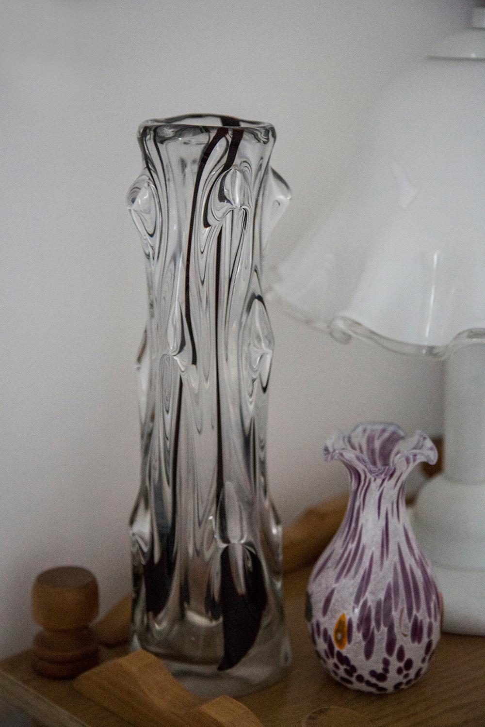 Italian Mid Century Vintage Transparent and Black Artistic Glass Vase, Europe, 1970s For Sale