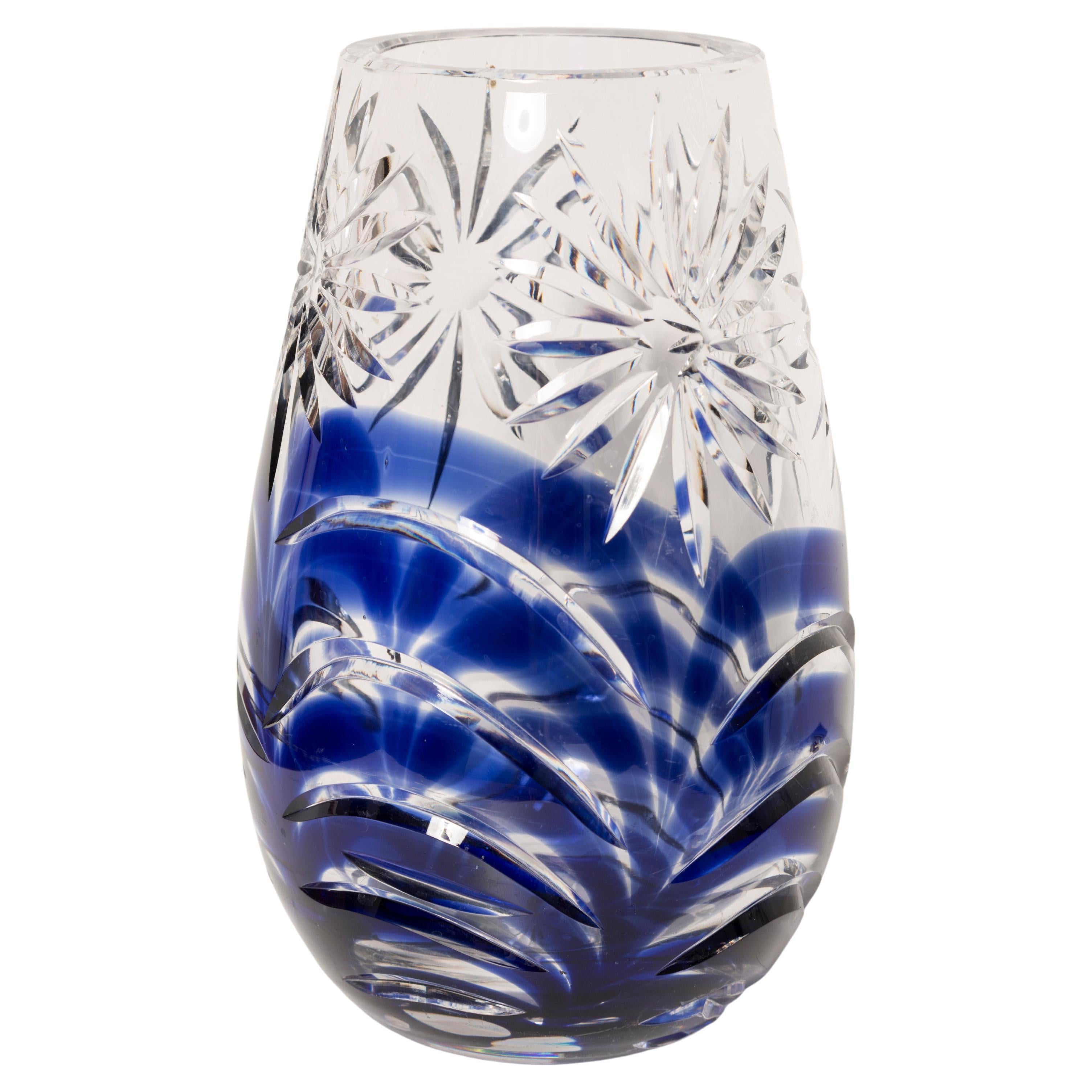 Mid-Century Vintage Transparent and Blue Crystal Vase, Italy, 1960s