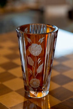 Mid-Century Vintage Transparent and Orange Crystal Vase, Italy, 1960s