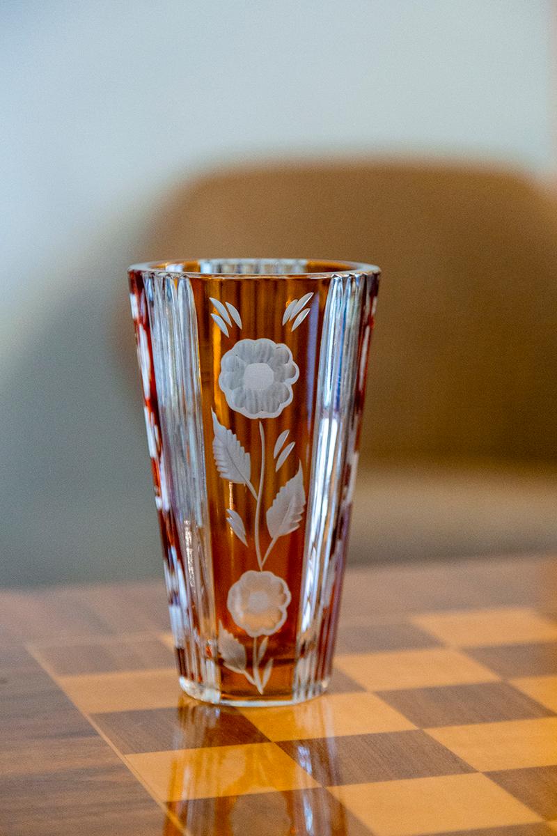 Italian Mid-Century Vintage Transparent and Orange Crystal Vase, Italy, 1960s For Sale