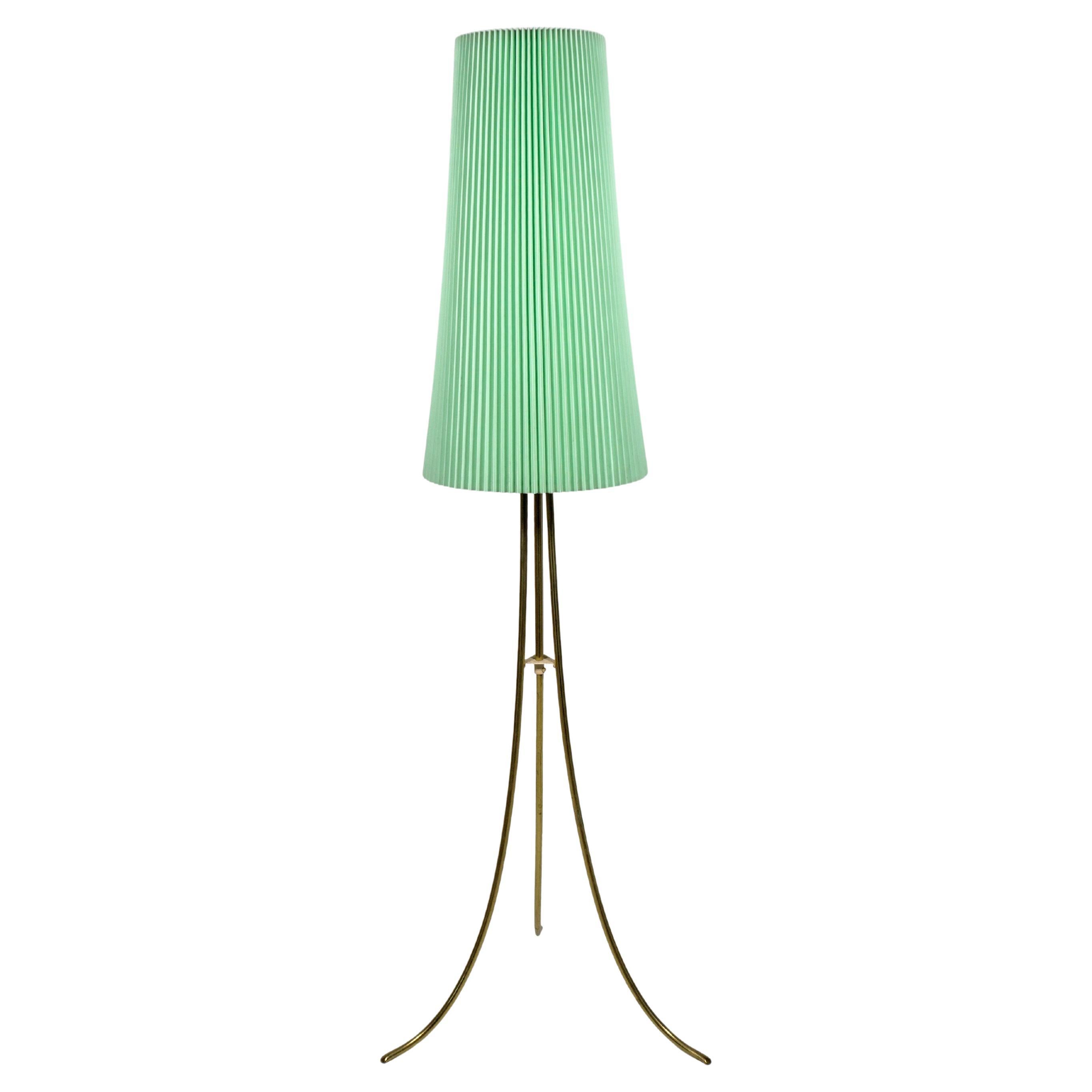 Mid-Century Vintage Tripod Brass Floor Lamp Pleated Lamp Shade, Austria 1950s