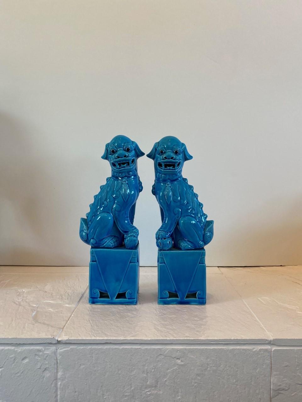 Chinese Midcentury Vintage Turquoise Blue Foo Dog Sculptures, 1960s