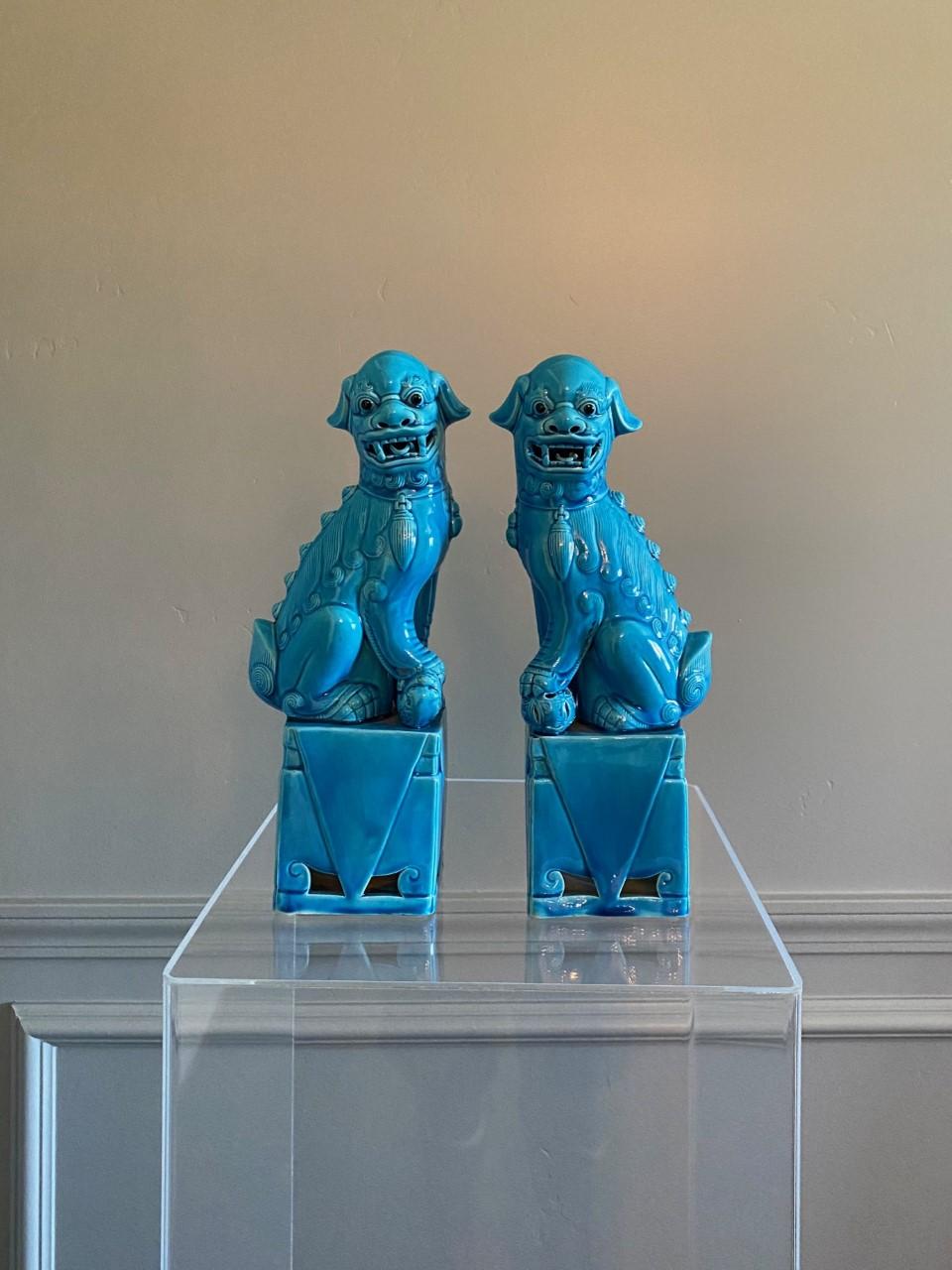 Midcentury Vintage Turquoise Blue Foo Dog Sculptures, 1960s 1