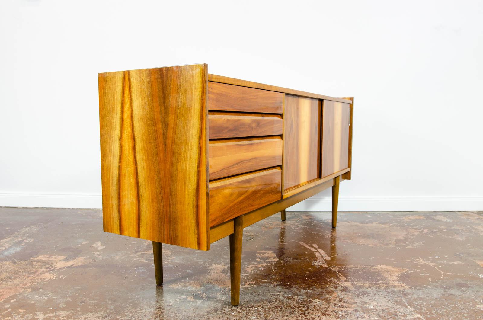 Mid-Century Modern Mid-Century Vintage Walnut High-Gloss Sideboard from Bytomskie Furniture Factory