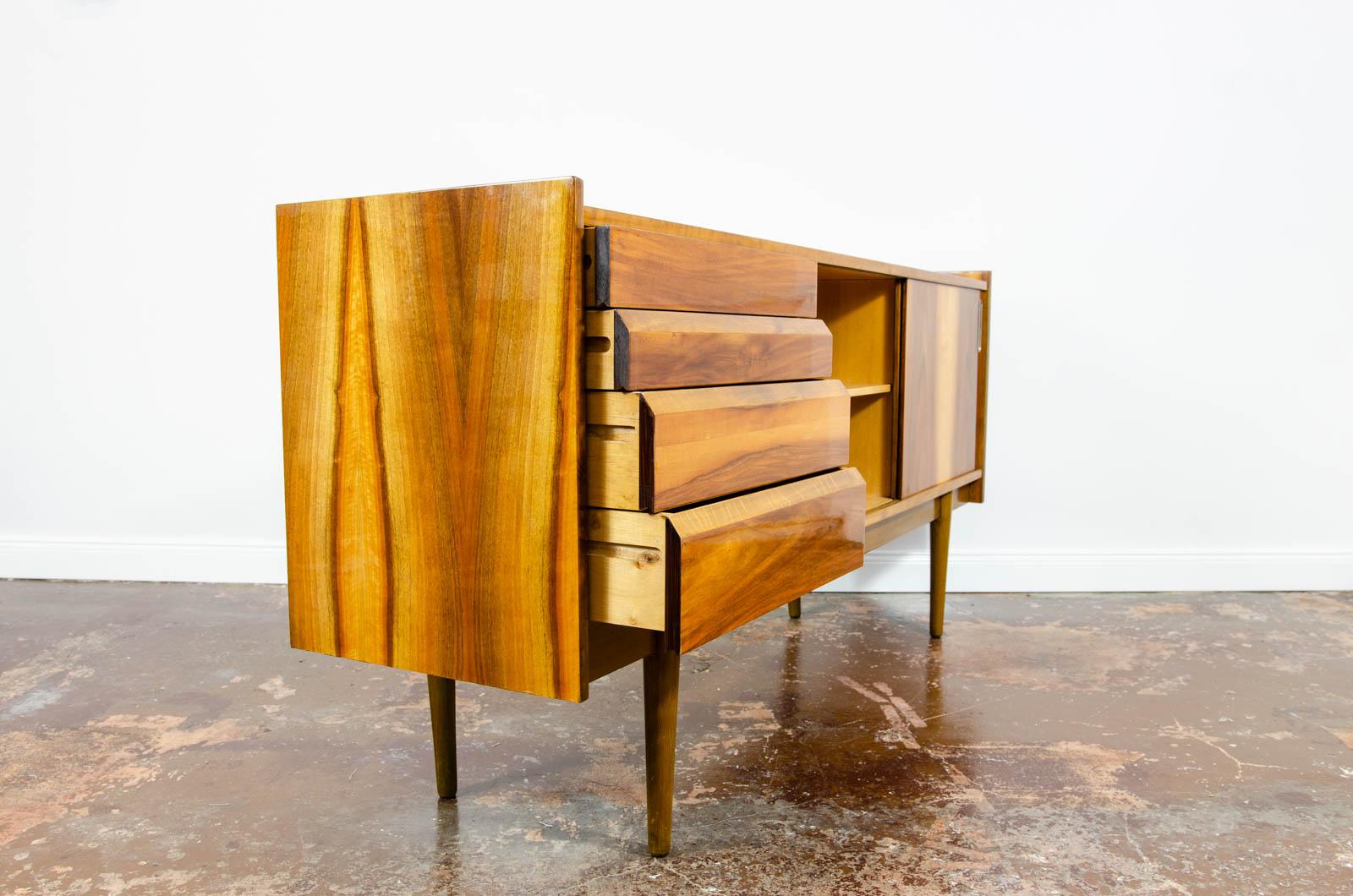 Polish Mid-Century Vintage Walnut High-Gloss Sideboard from Bytomskie Furniture Factory