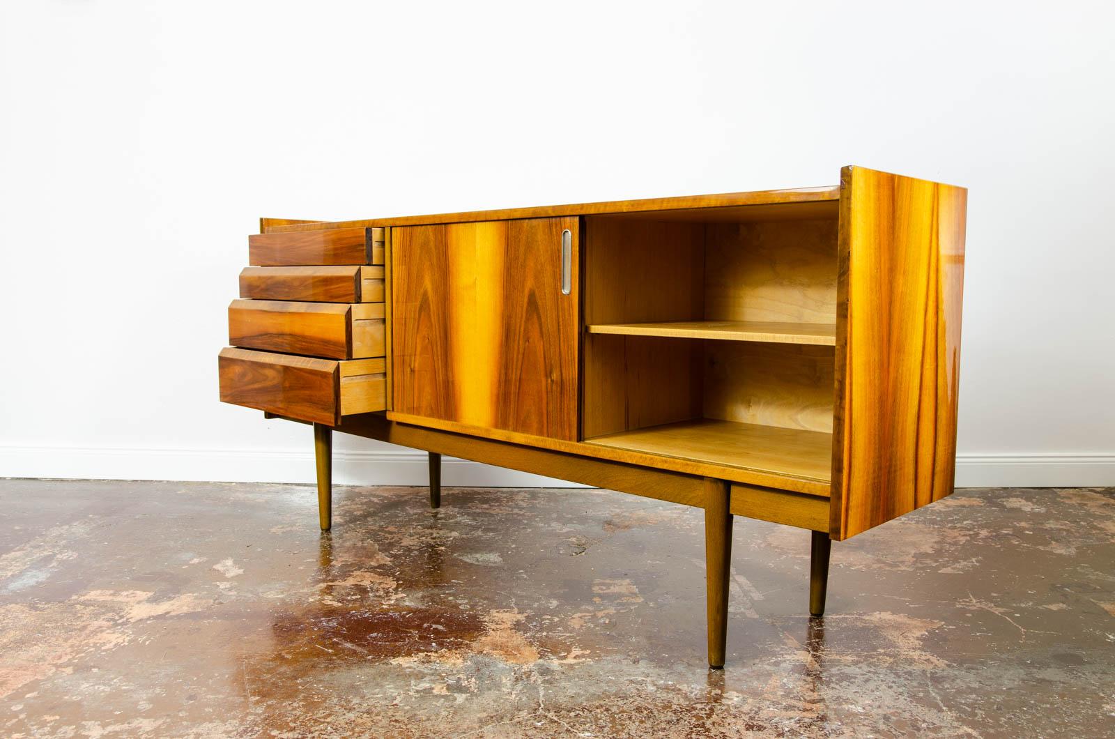 Mid-20th Century Mid-Century Vintage Walnut High-Gloss Sideboard from Bytomskie Furniture Factory