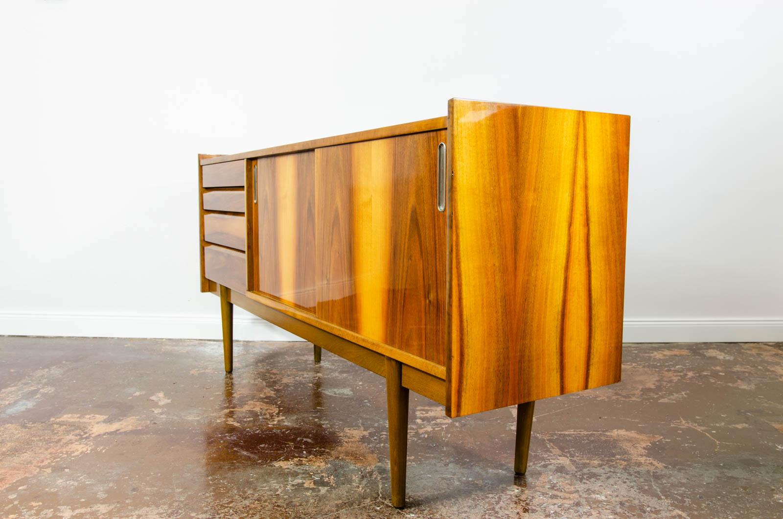Beech Mid-Century Vintage Walnut High-Gloss Sideboard from Bytomskie Furniture Factory