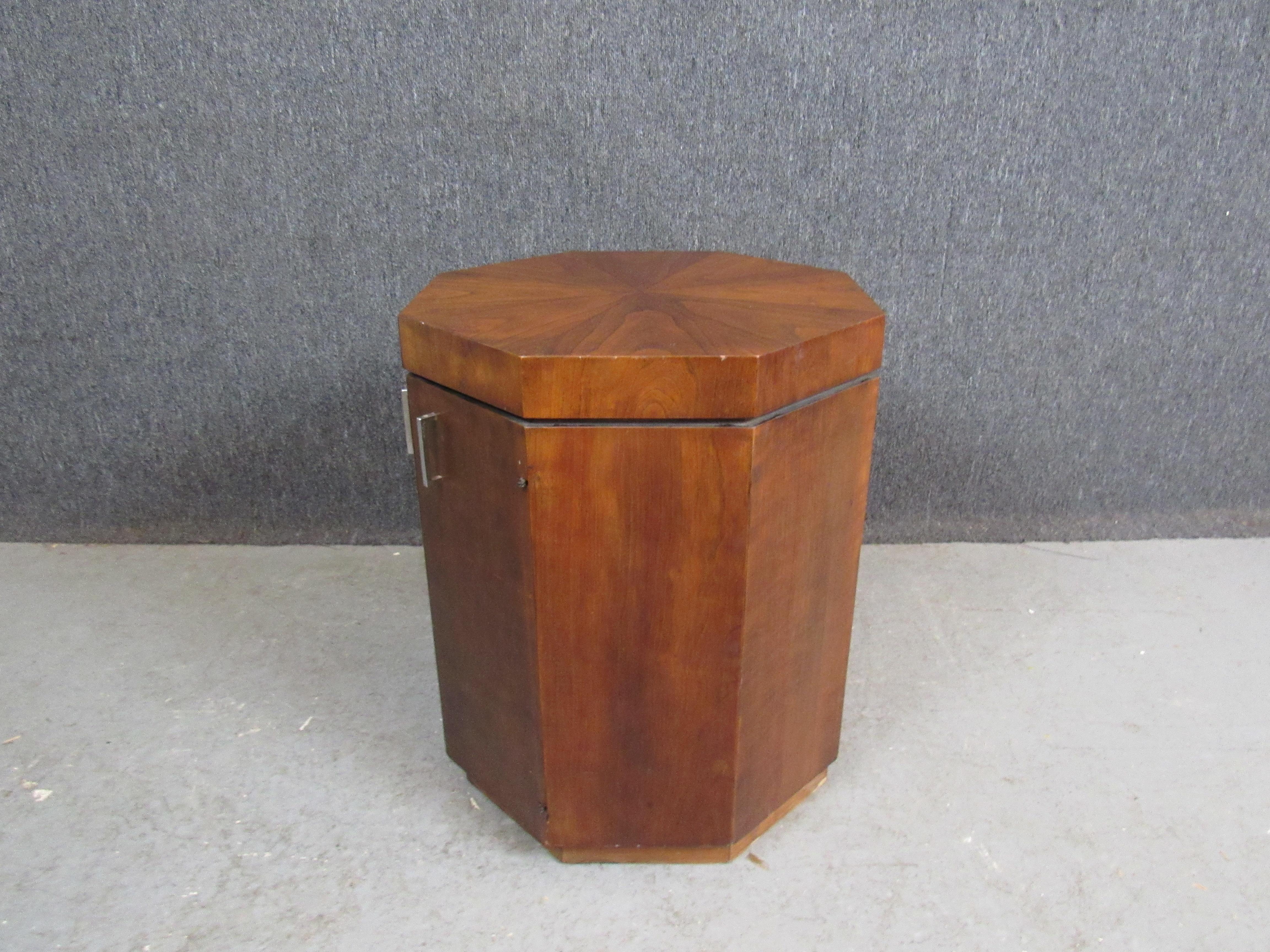 Veneer Mid-Century Vintage Walnut Octagonal Cabinet For Sale