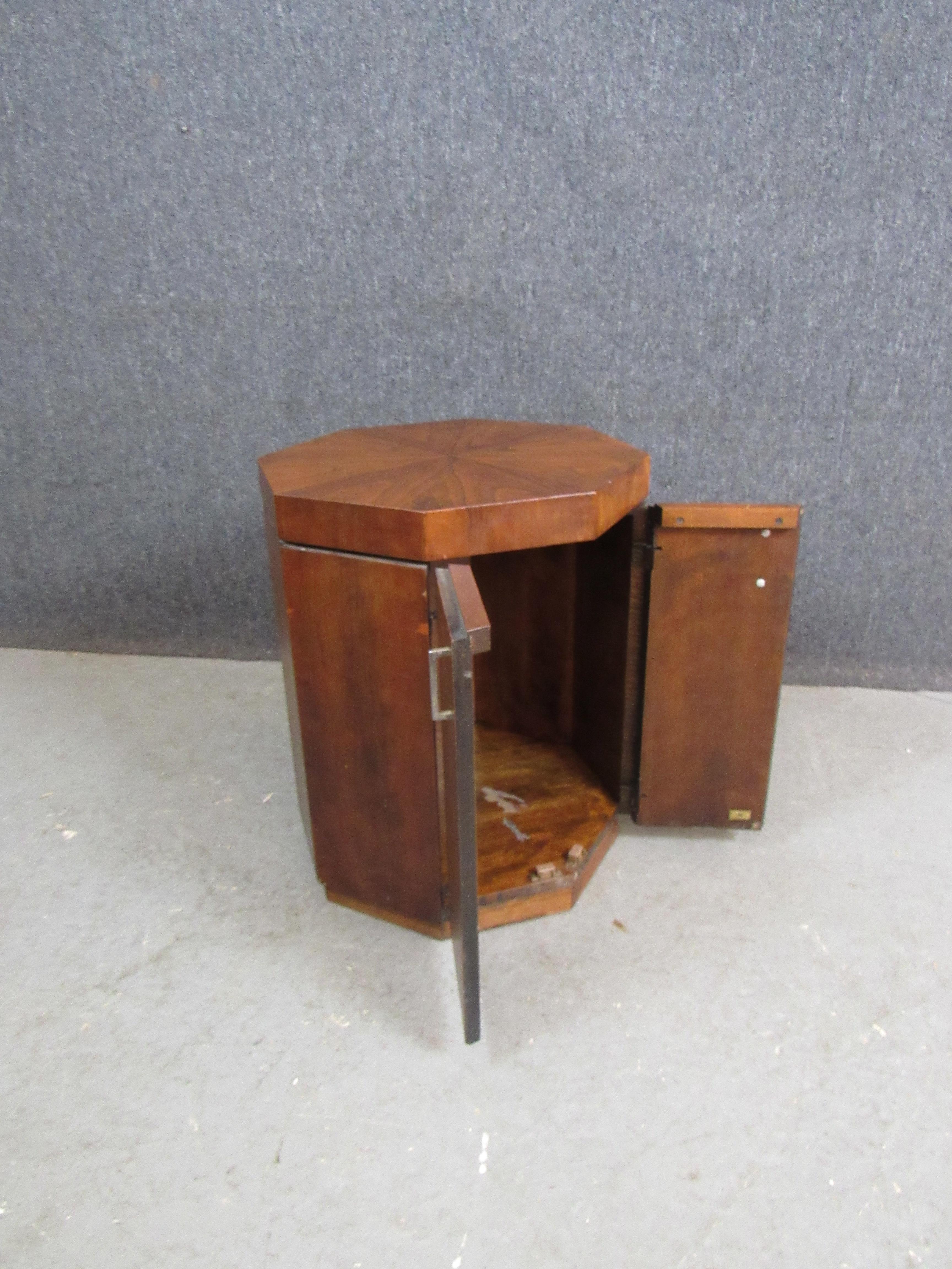Metal Mid-Century Vintage Walnut Octagonal Cabinet For Sale