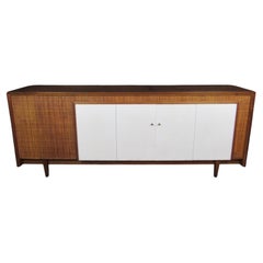 Mid-Century Vintage Walnut & Rattan Offset Sideboard