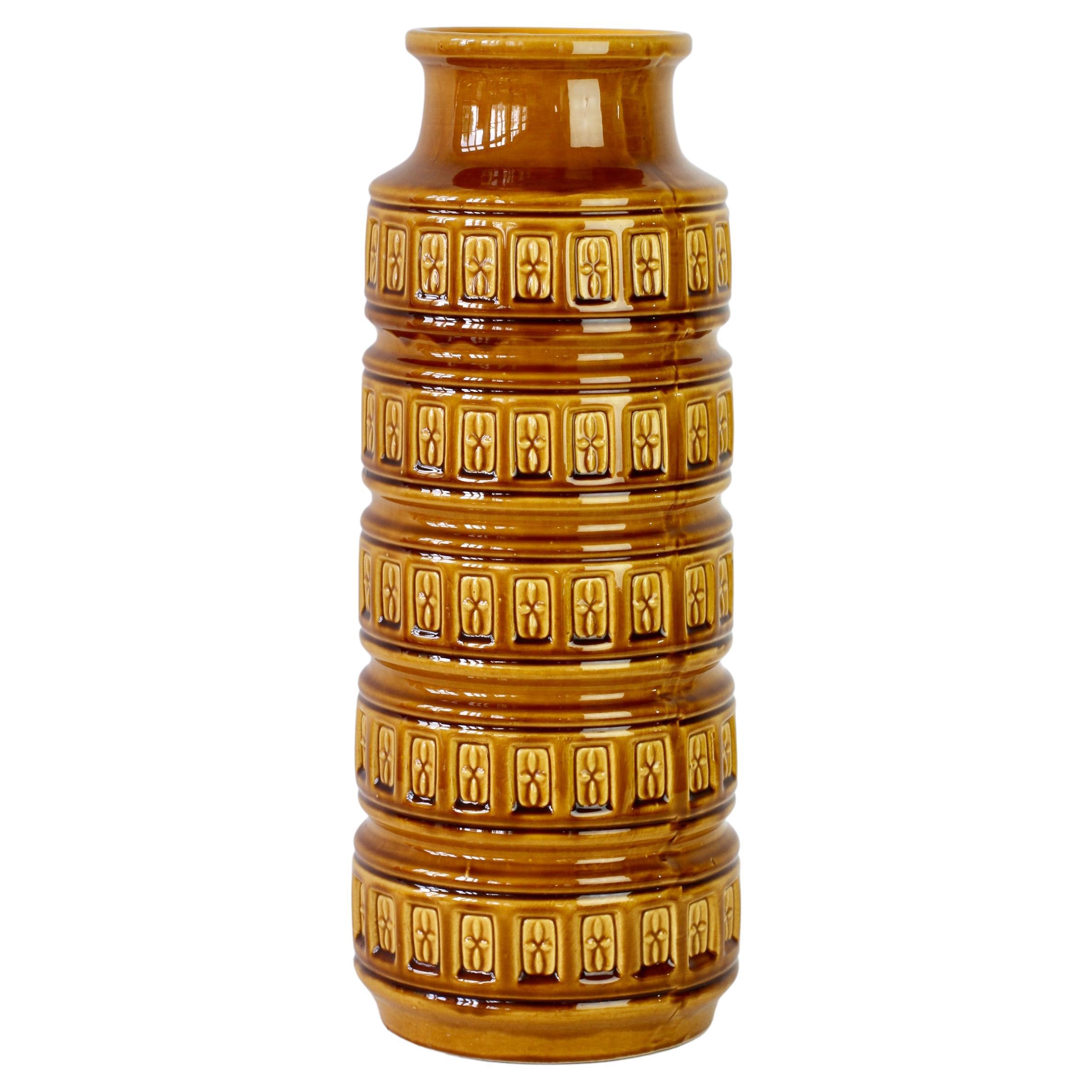 Tall, large vintage midcentury vase by West German Pottery producer - 'Bay Keramik' Germany, circa 1970s. The embossed relief pattern on the tall Bay Keramik vase is classic, 1970s with it's honey mustard yellow or amber colored glaze it's the