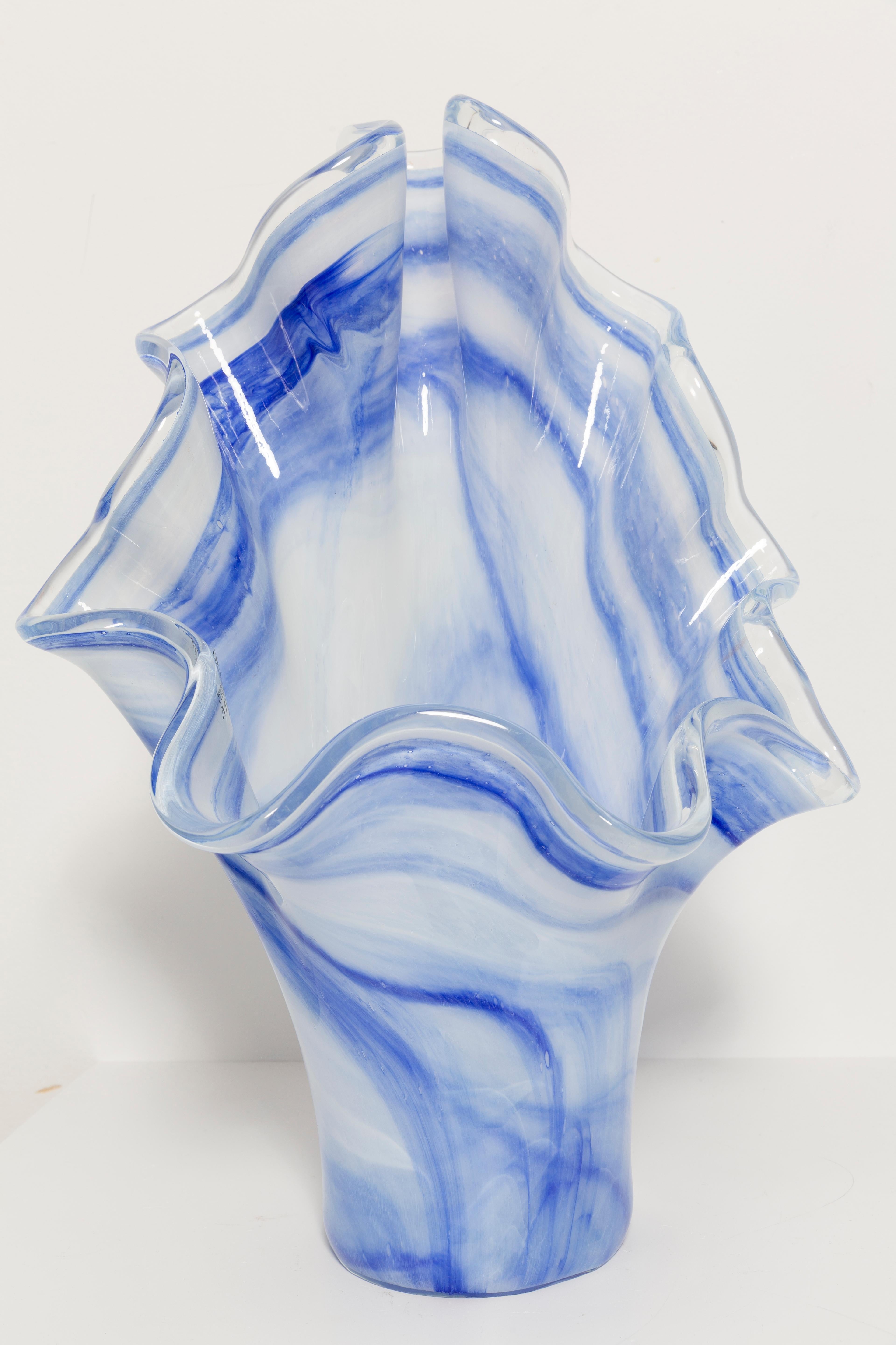 Mid-Century Modern Mid Century Vintage White and Blue Big Murano Glass Vase, Italy, 2000s For Sale