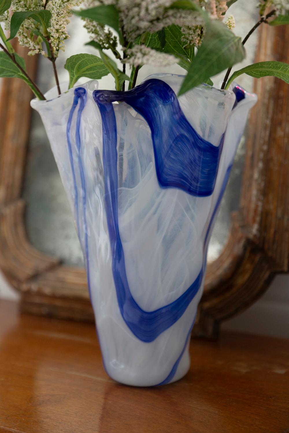 Mid-Century Modern Midcentury Vintage White and Blue Big Murano Glass Vase, Italy, 2000s
