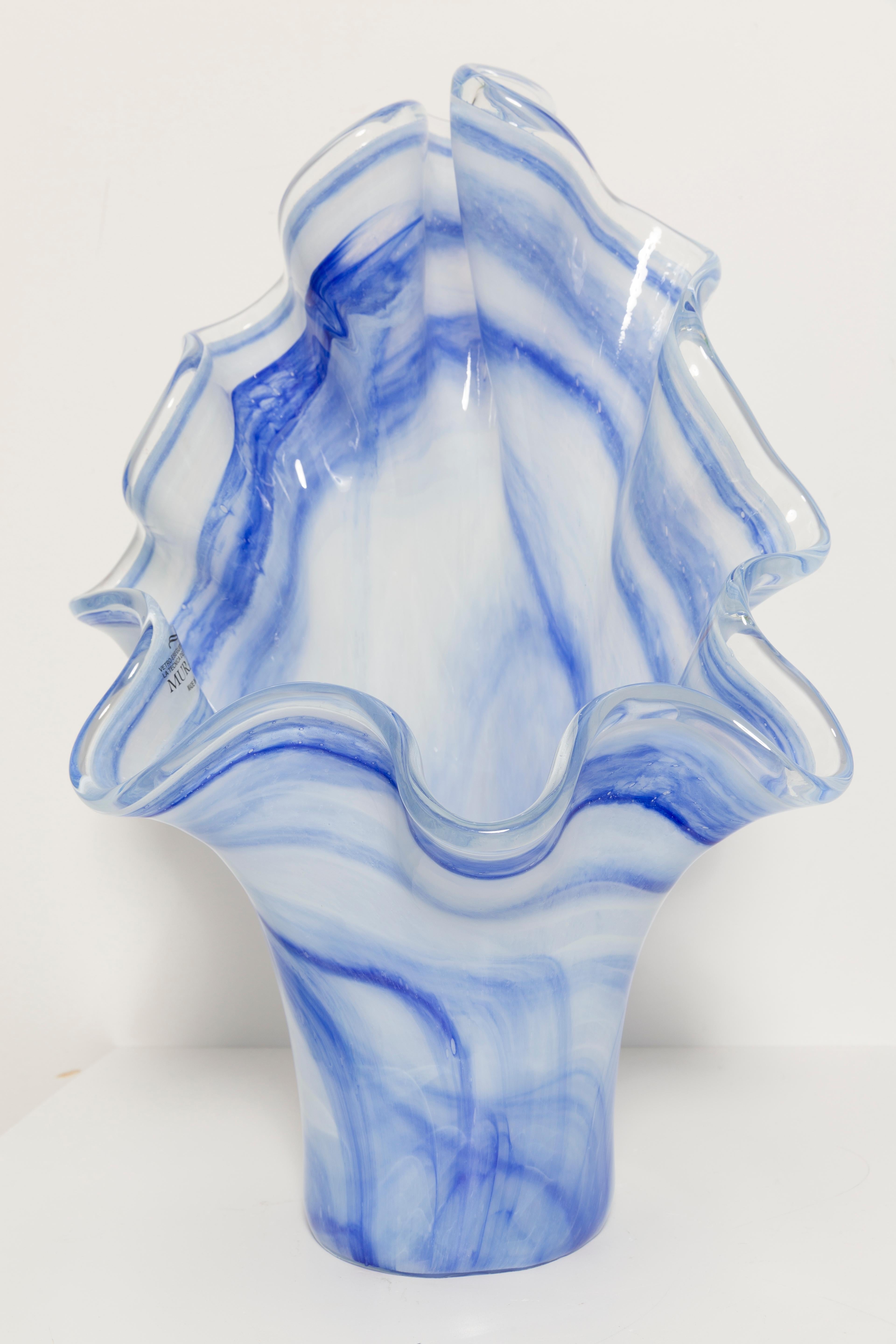 Italian Mid Century Vintage White and Blue Big Murano Glass Vase, Italy, 2000s For Sale