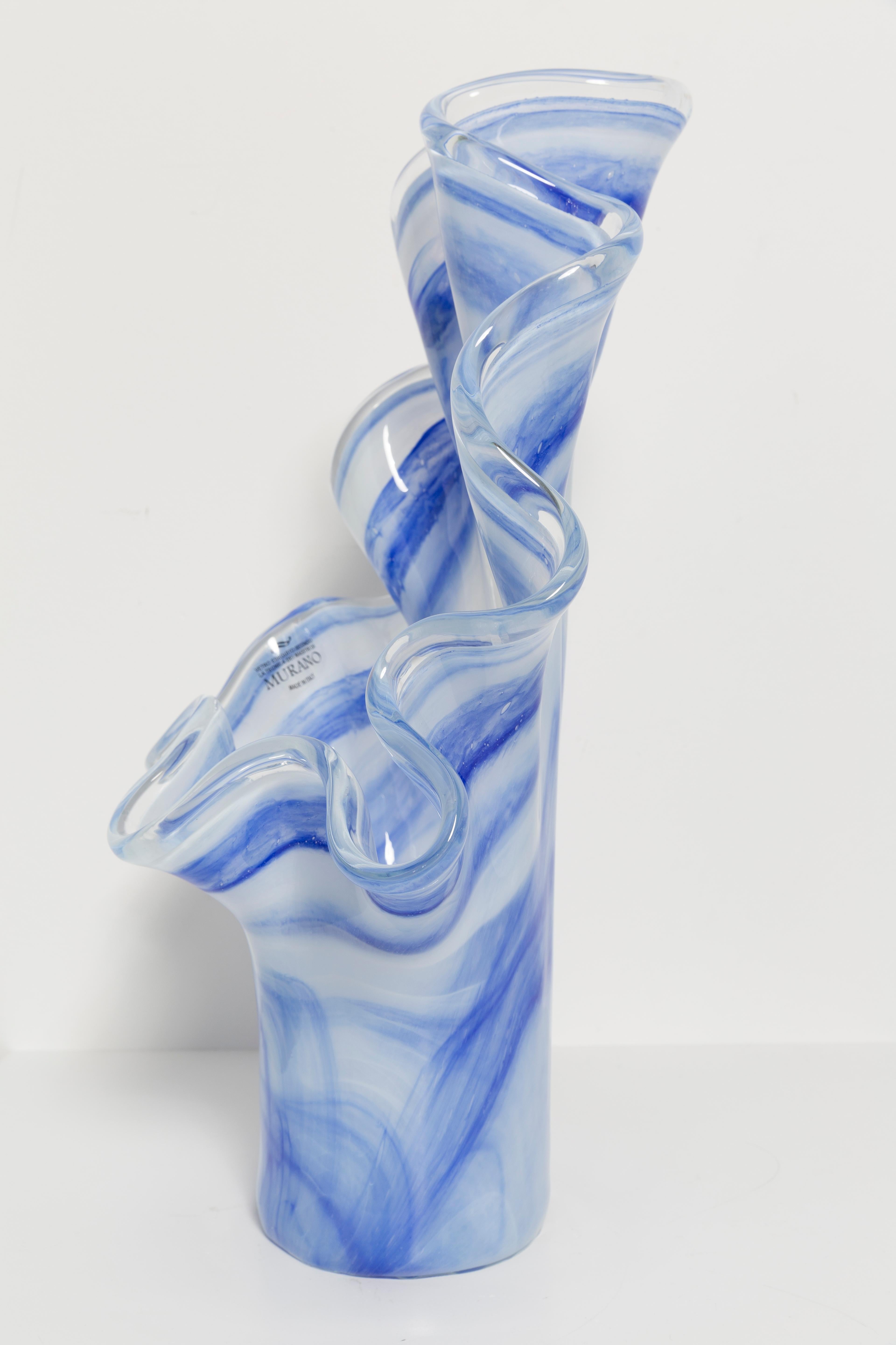 Mid Century Vintage White and Blue Big Murano Glass Vase, Italy, 2000s 3