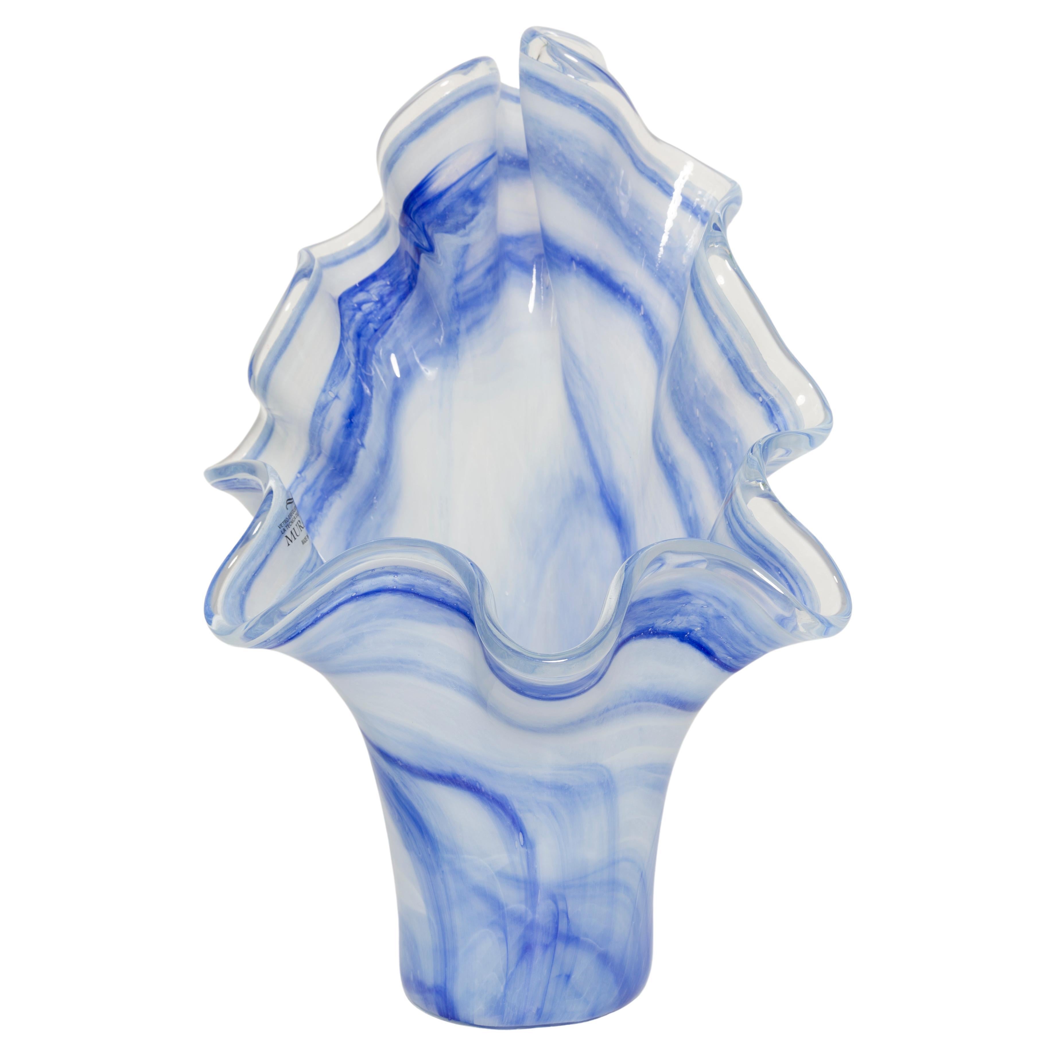 Mid Century Vintage White and Blue Big Murano Glass Vase, Italy, 2000s