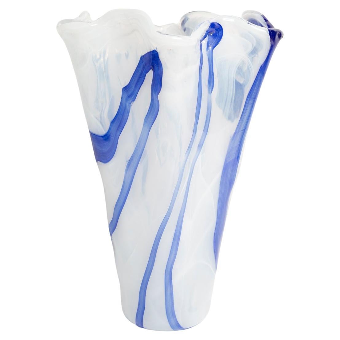 Midcentury Vintage White and Blue Big Murano Glass Vase, Italy, 2000s
