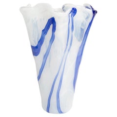 Midcentury Vintage White and Blue Big Murano Glass Vase, Italy, 2000s