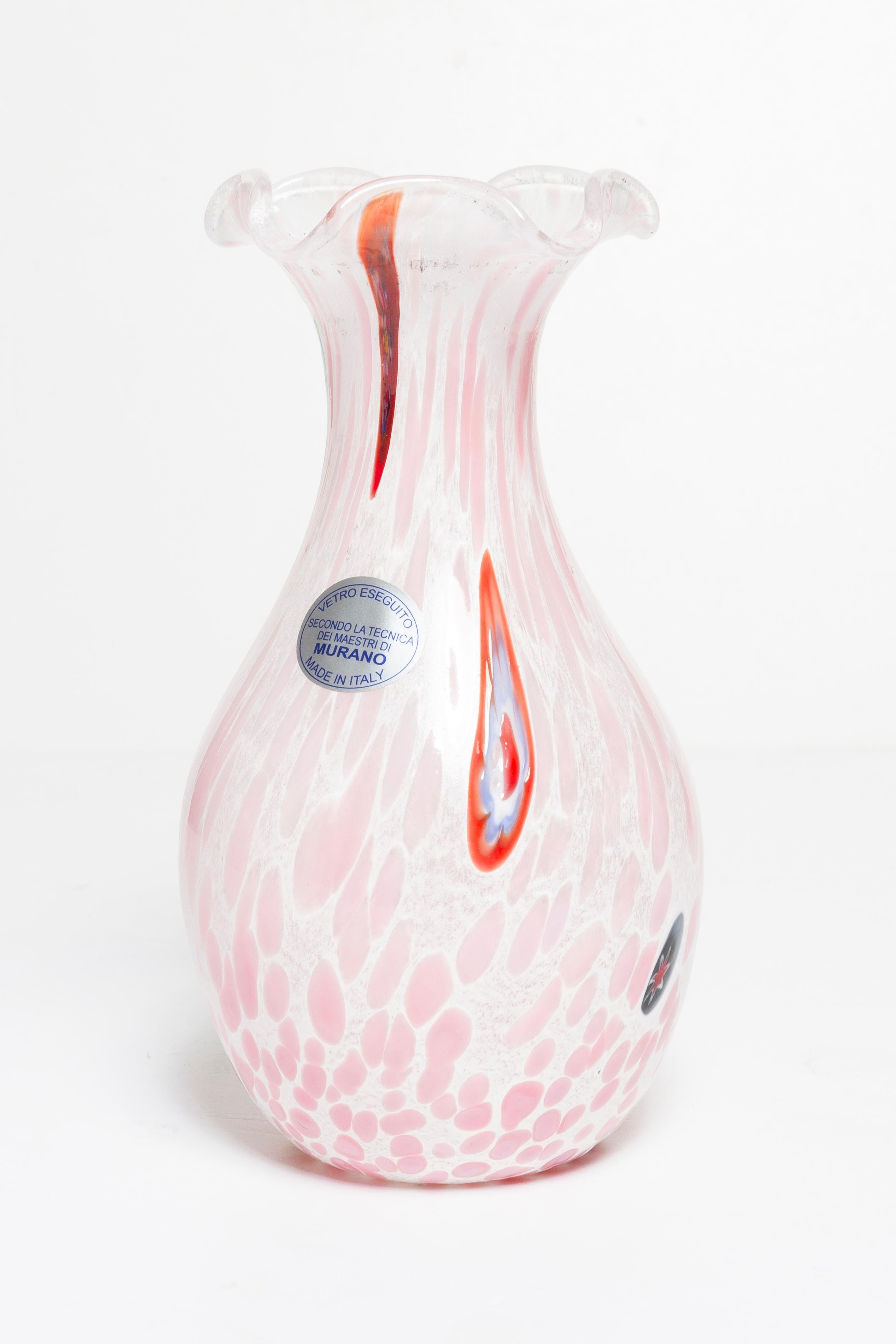 Mid-Century Modern Mid Century Vintage White and Pink Dots Murano Vase, Italy, 1960s For Sale