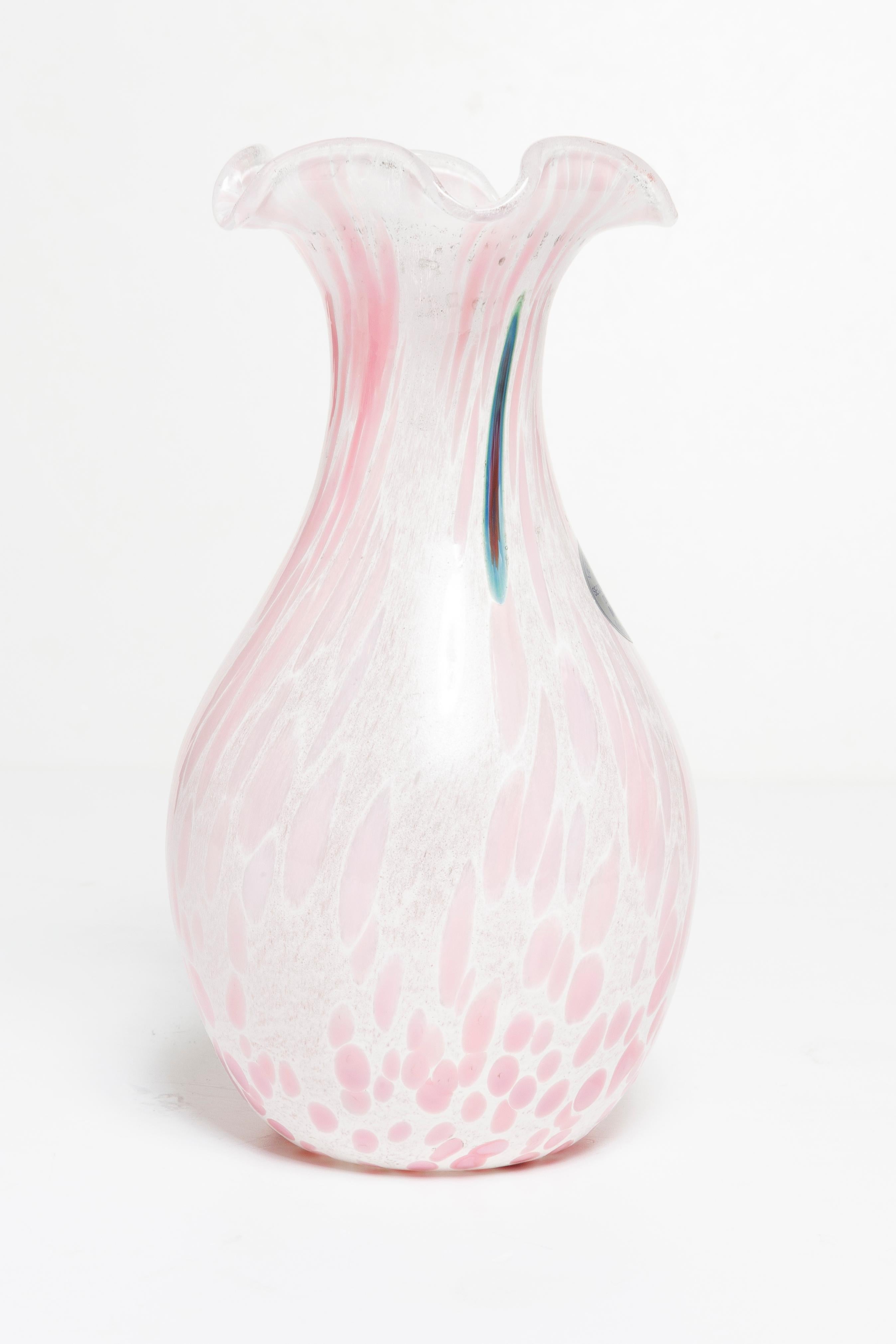 Italian Mid Century Vintage White and Pink Dots Murano Vase, Italy, 1960s For Sale