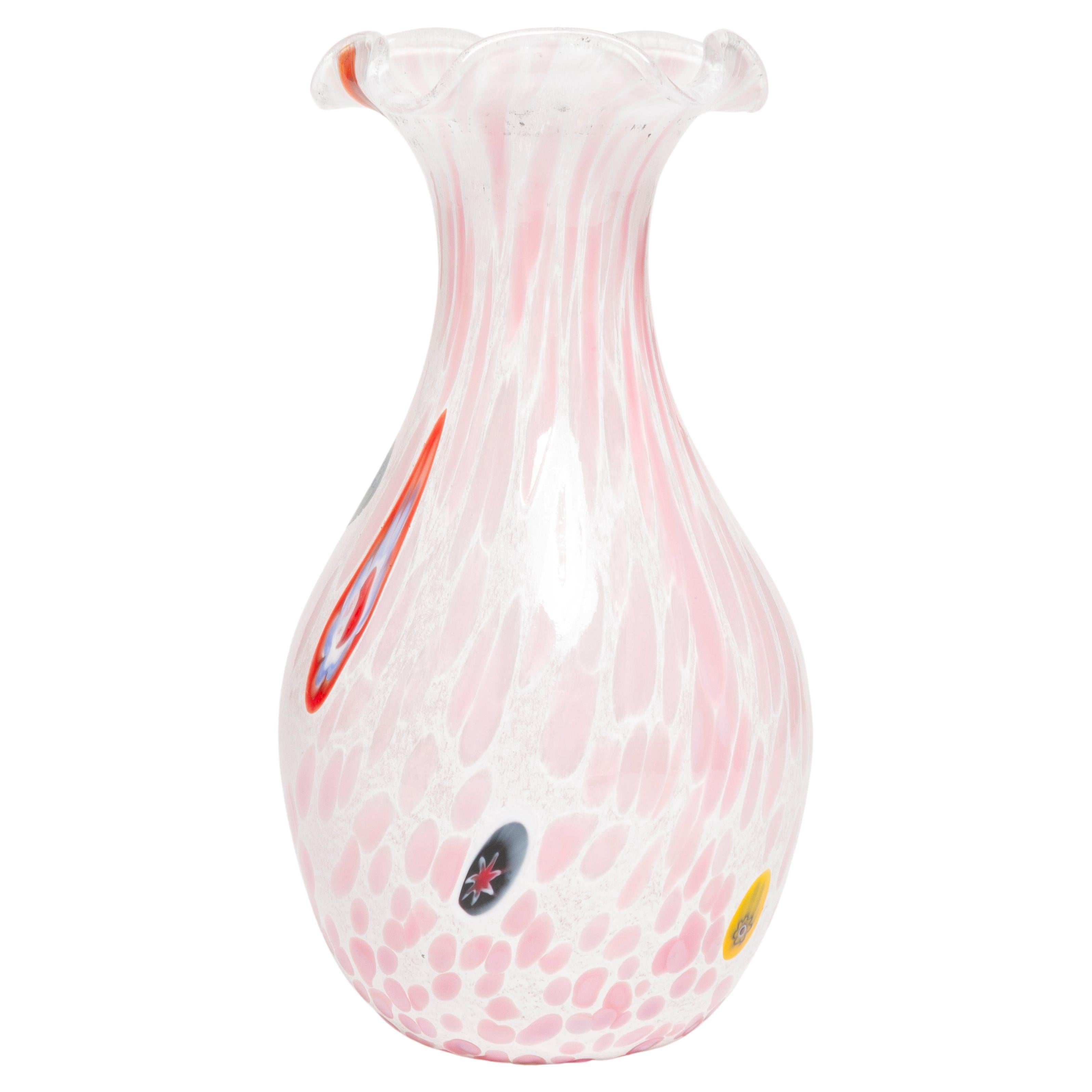 Mid Century Vintage White and Pink Dots Murano Vase, Italy, 1960s For Sale