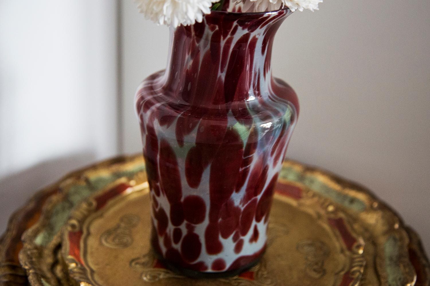 Italian Mid Century Vintage White and Red Dots Murano Vase, Italy, 1960s For Sale