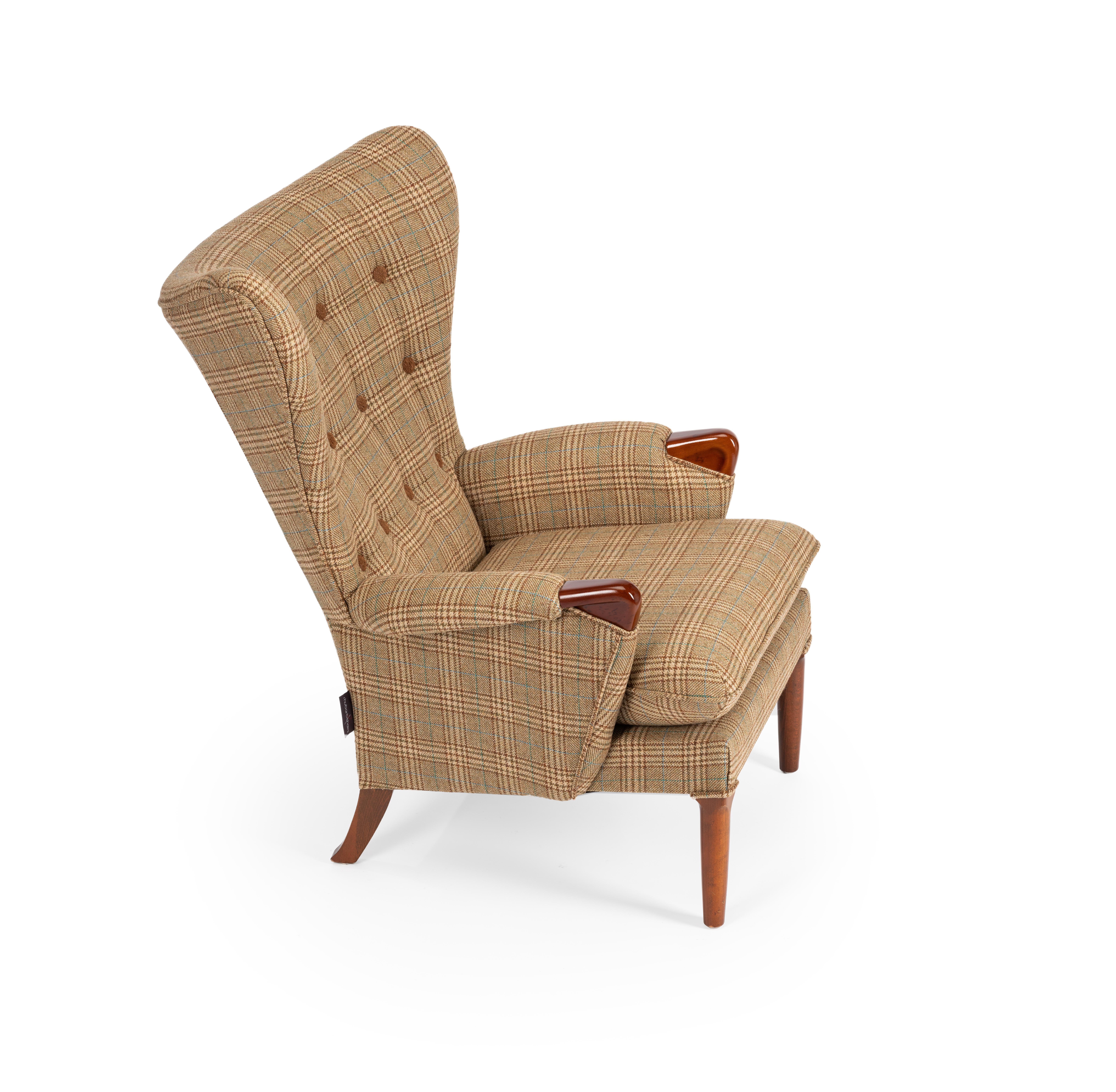Mahogany Midcentury Vintage Wingback Chairs Reupholstered in Yorkshire Tweed, circa 1960s