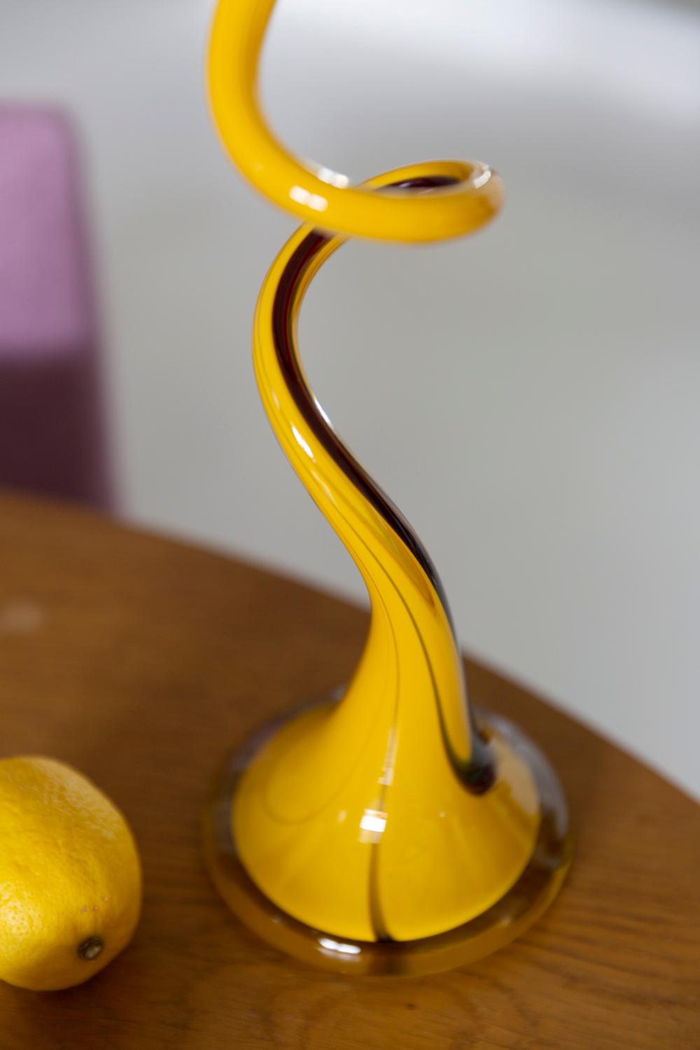 Glass Midcentury Vintage Yellow and Black Swivel Curly Big Vase, Italy, 1960s