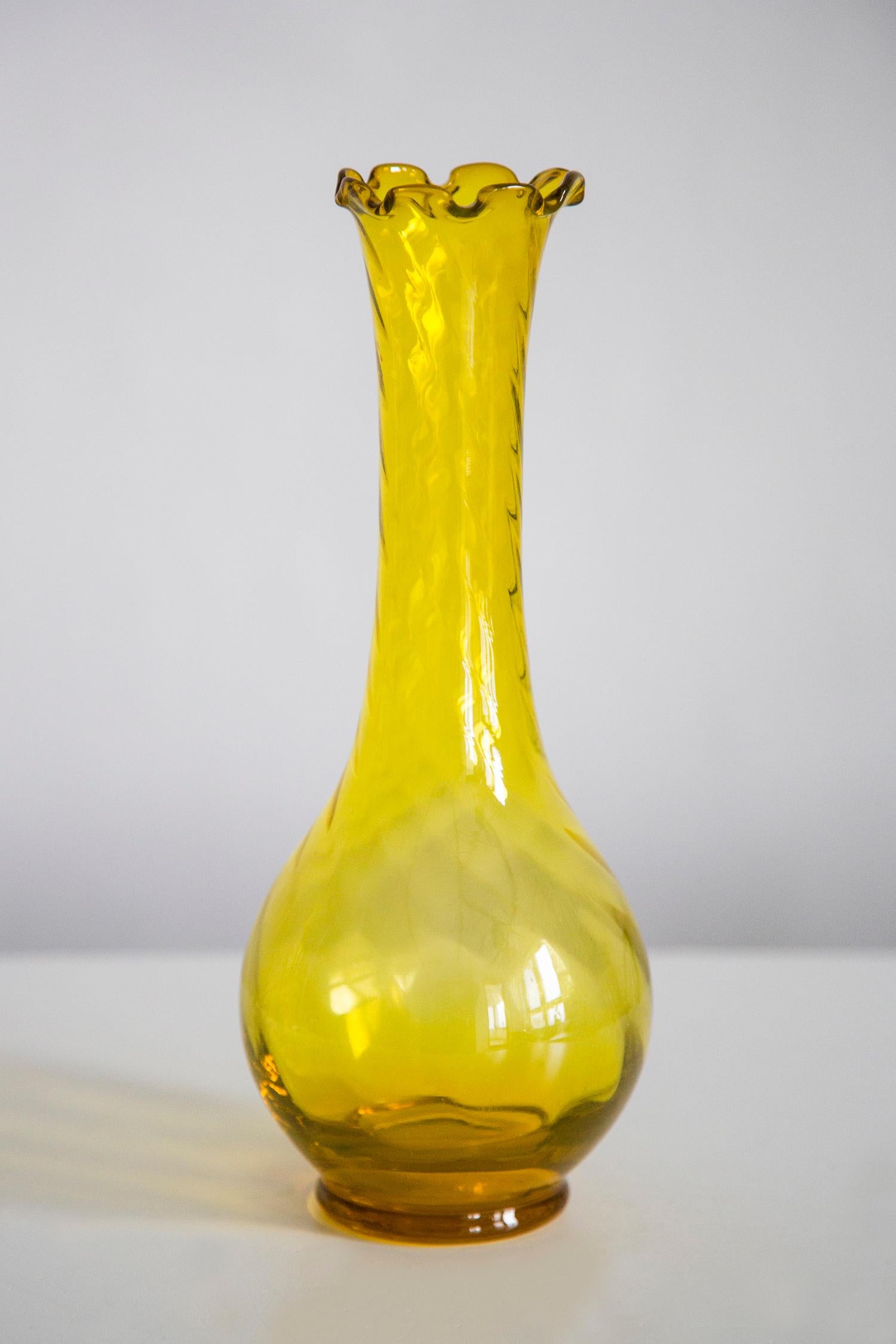 Polish Mid Century Vintage Yellow Artistic Glass Vase, Europe, 1970s For Sale