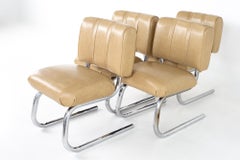 Mid Century Vinyl Strapped Chrome Cantilever Chairs, Set of 4