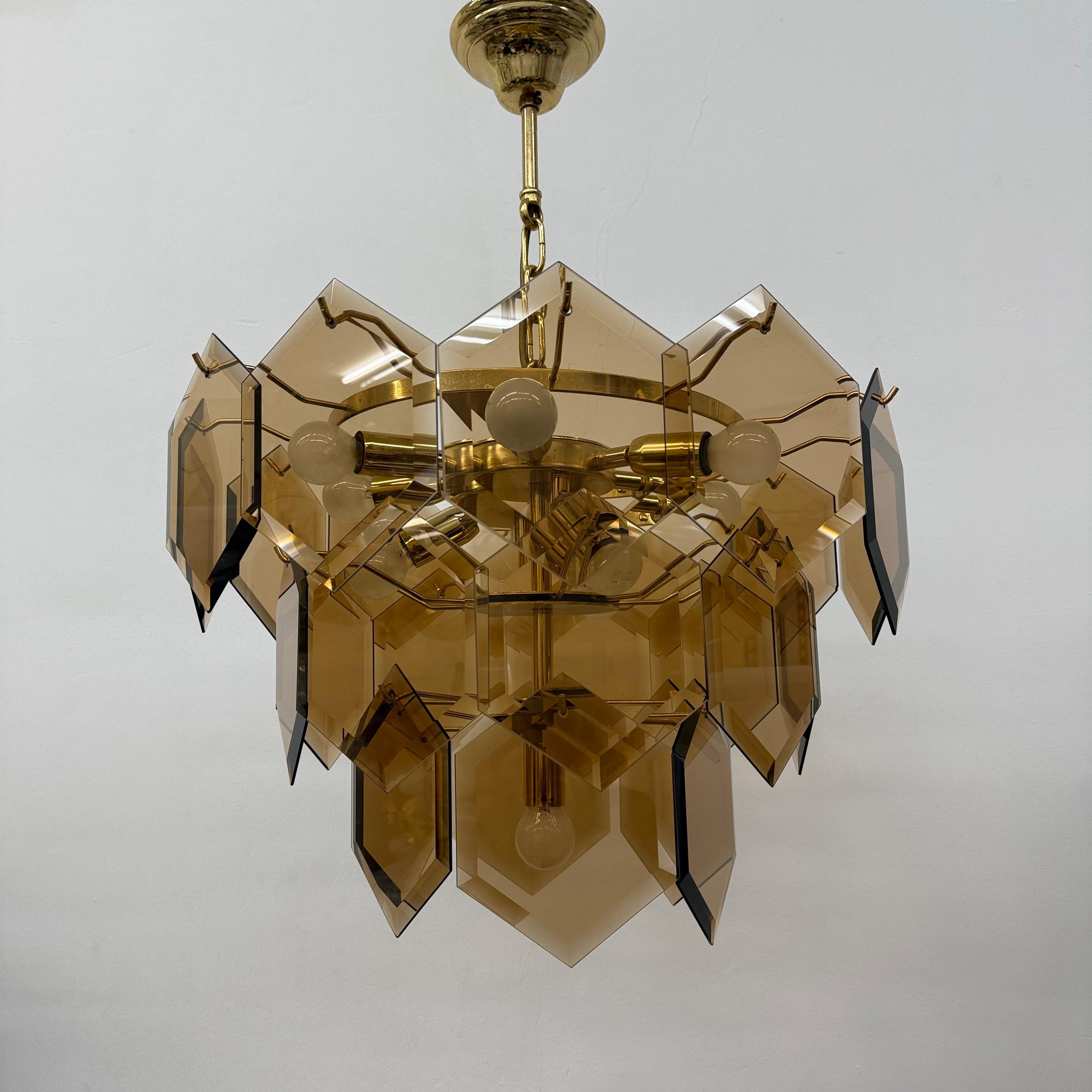 German Mid century vistosi style chandelier with hexagonal smoked glass discs , 1970s