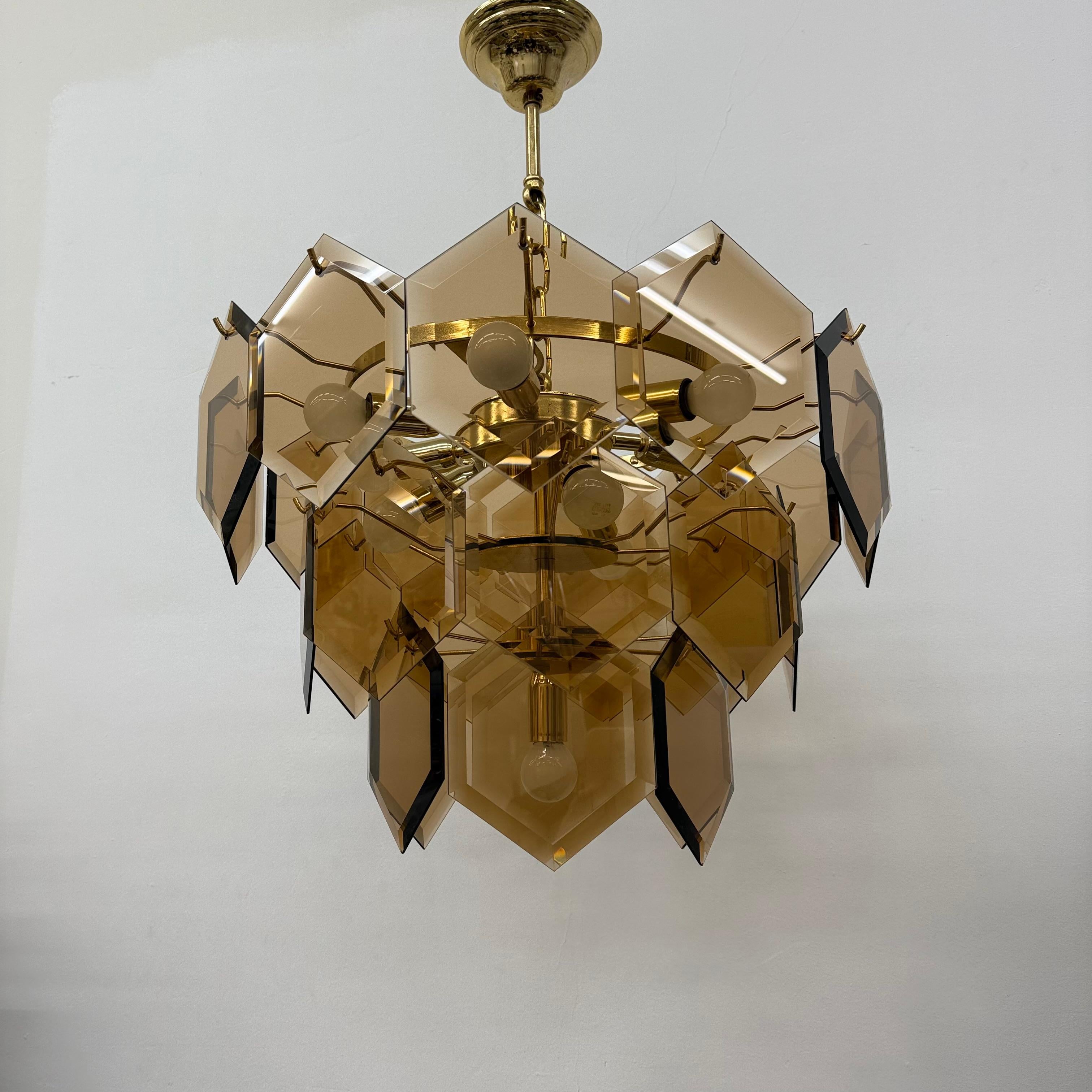 Late 20th Century Mid century vistosi style chandelier with hexagonal smoked glass discs , 1970s