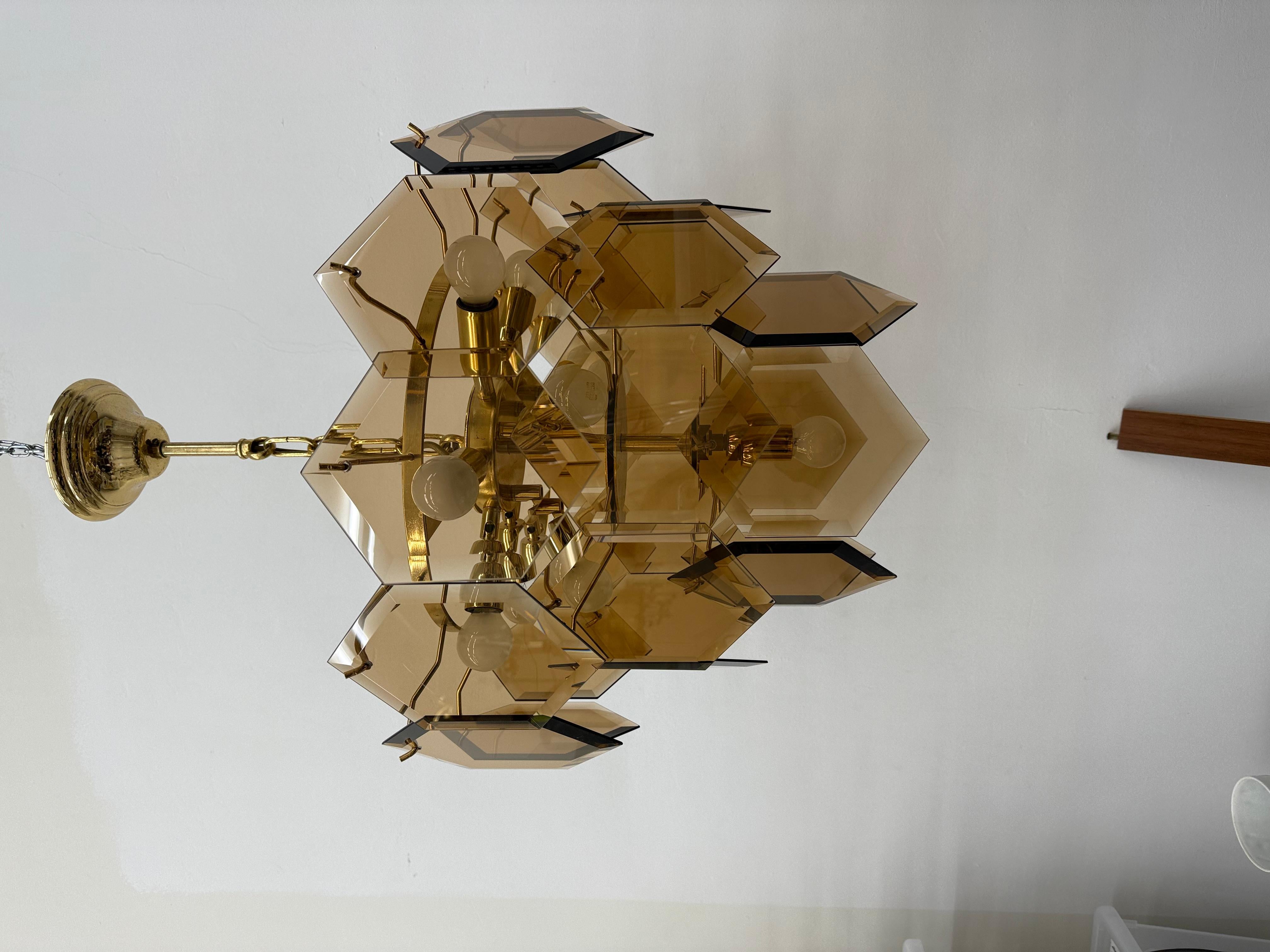 Metal Mid century vistosi style chandelier with hexagonal smoked glass discs , 1970s