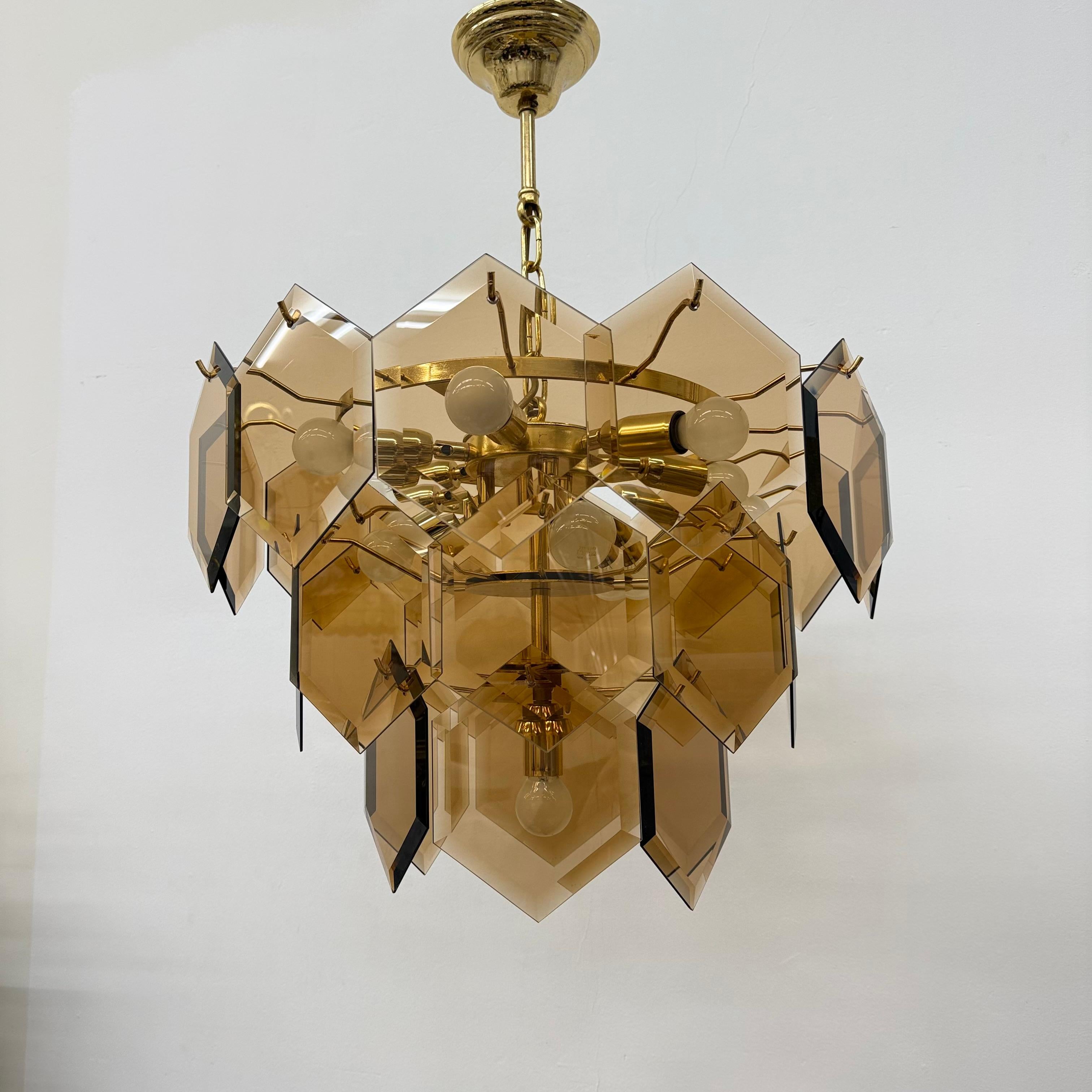 Mid century vistosi style chandelier with hexagonal smoked glass discs , 1970s 1